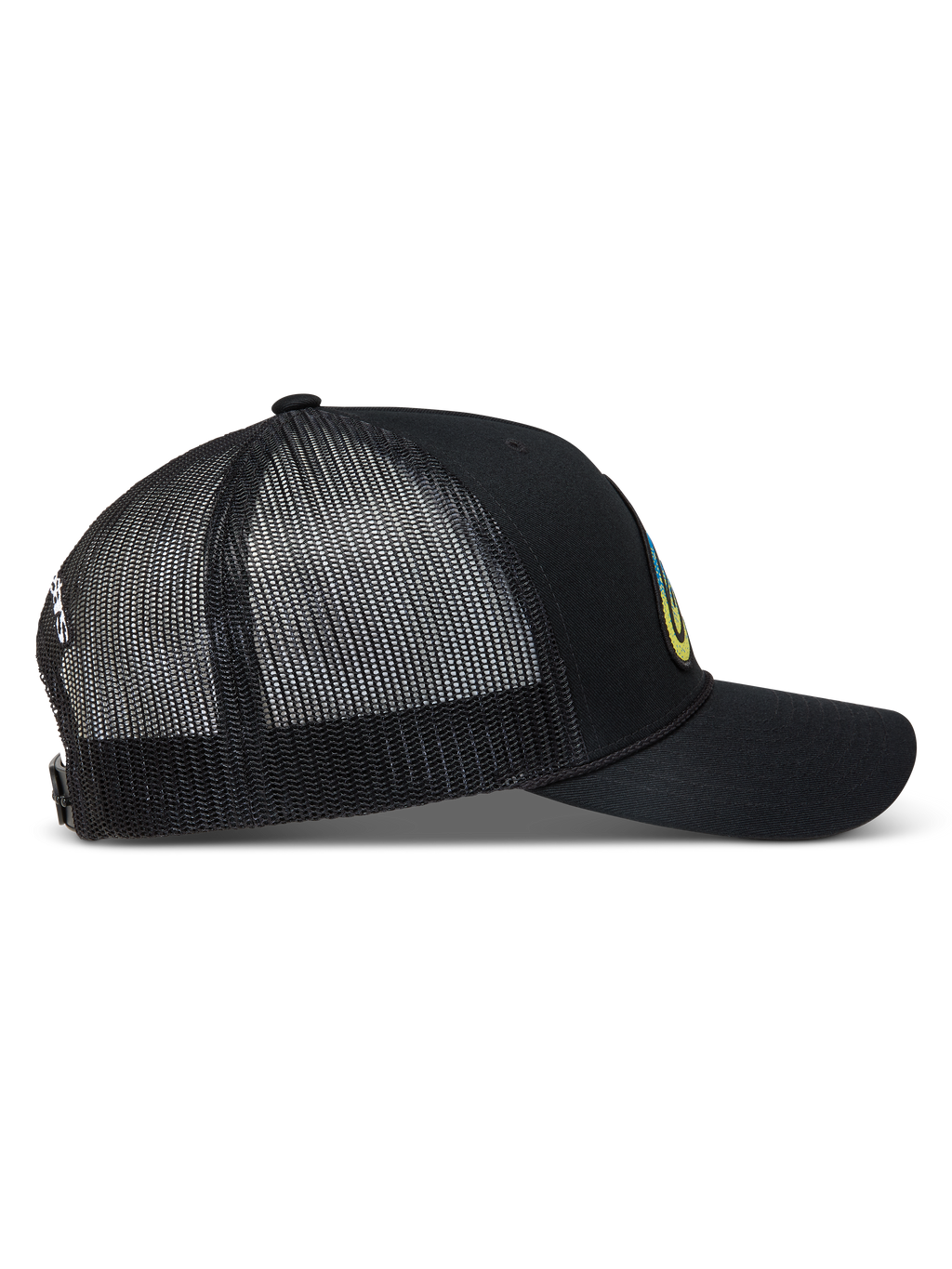Alpinestars Meteorite Trucker Hat, black sportswear cap with breathable mesh back, curved bill, and snapback closure.