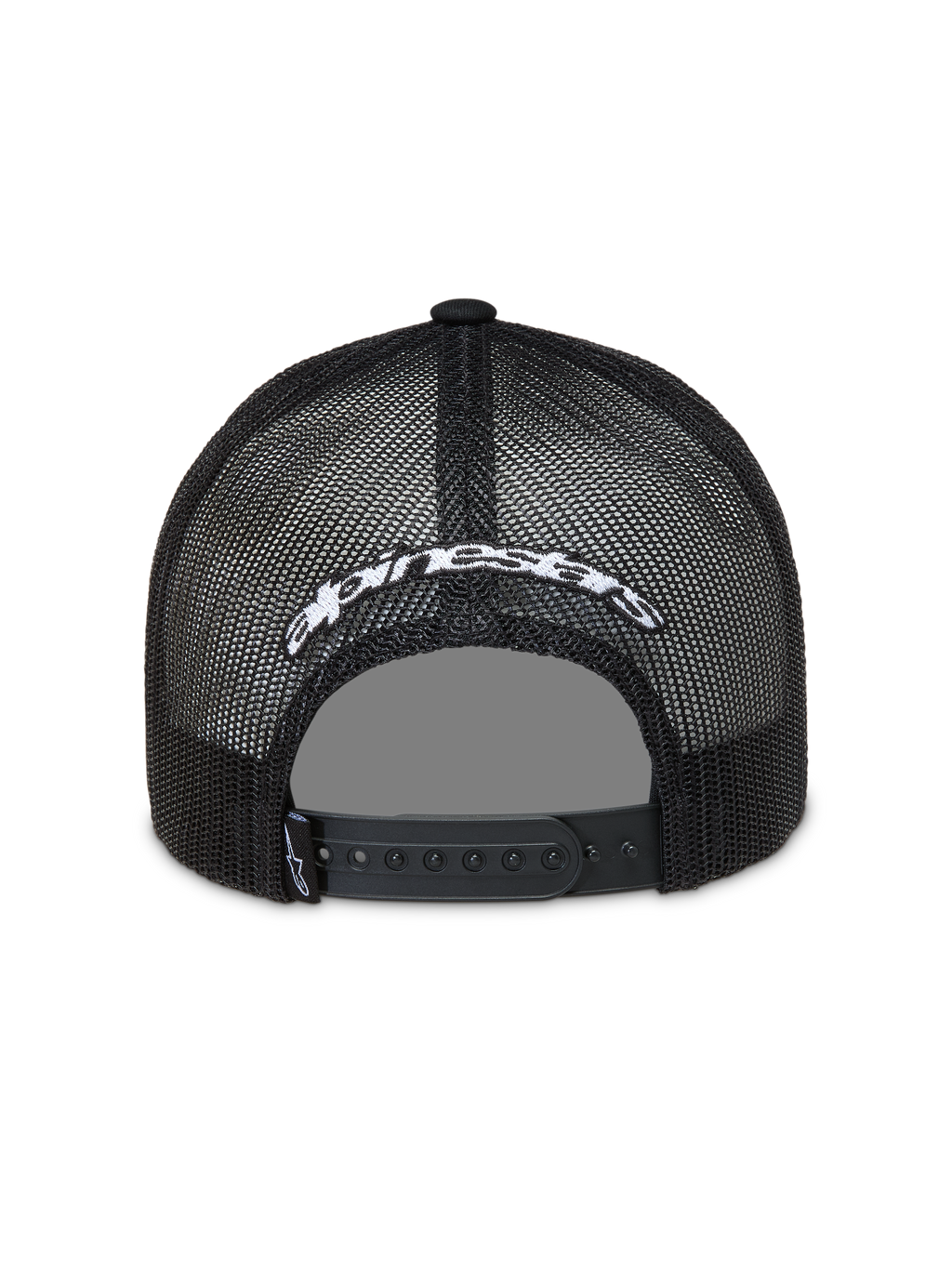 Alpinestars Meteorite Trucker Hat, Black mesh sportswear cap featuring a white embroidered logo and adjustable snapback closure.