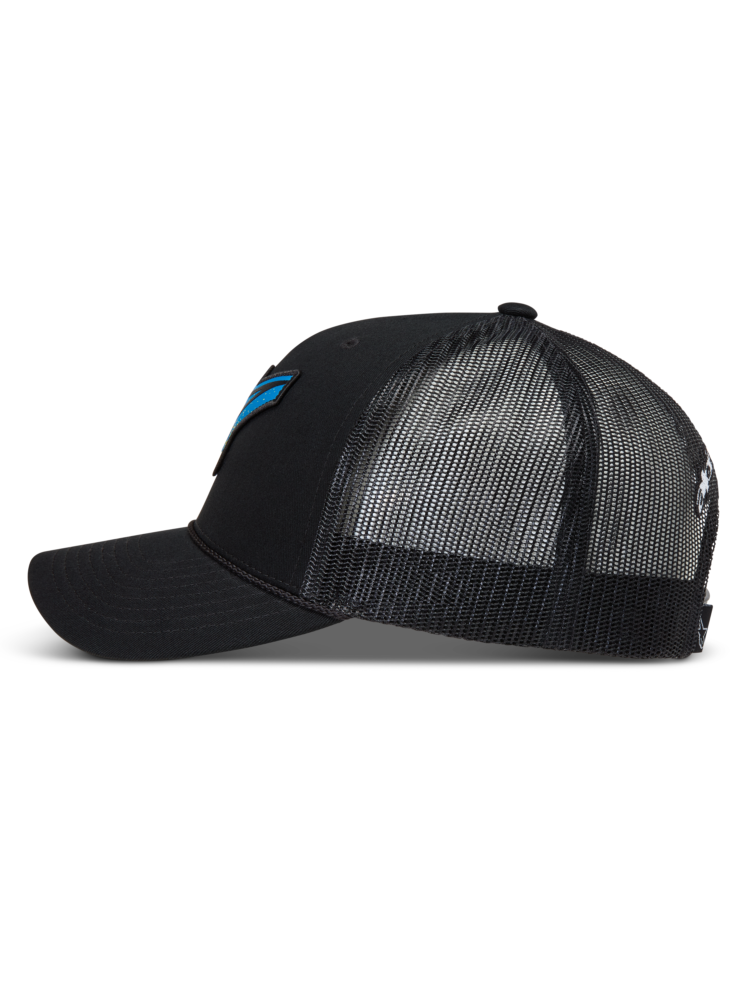Alpinestars Meteorite Trucker Hat, black sportswear cap with breathable mesh back, curved bill, and structured crown.