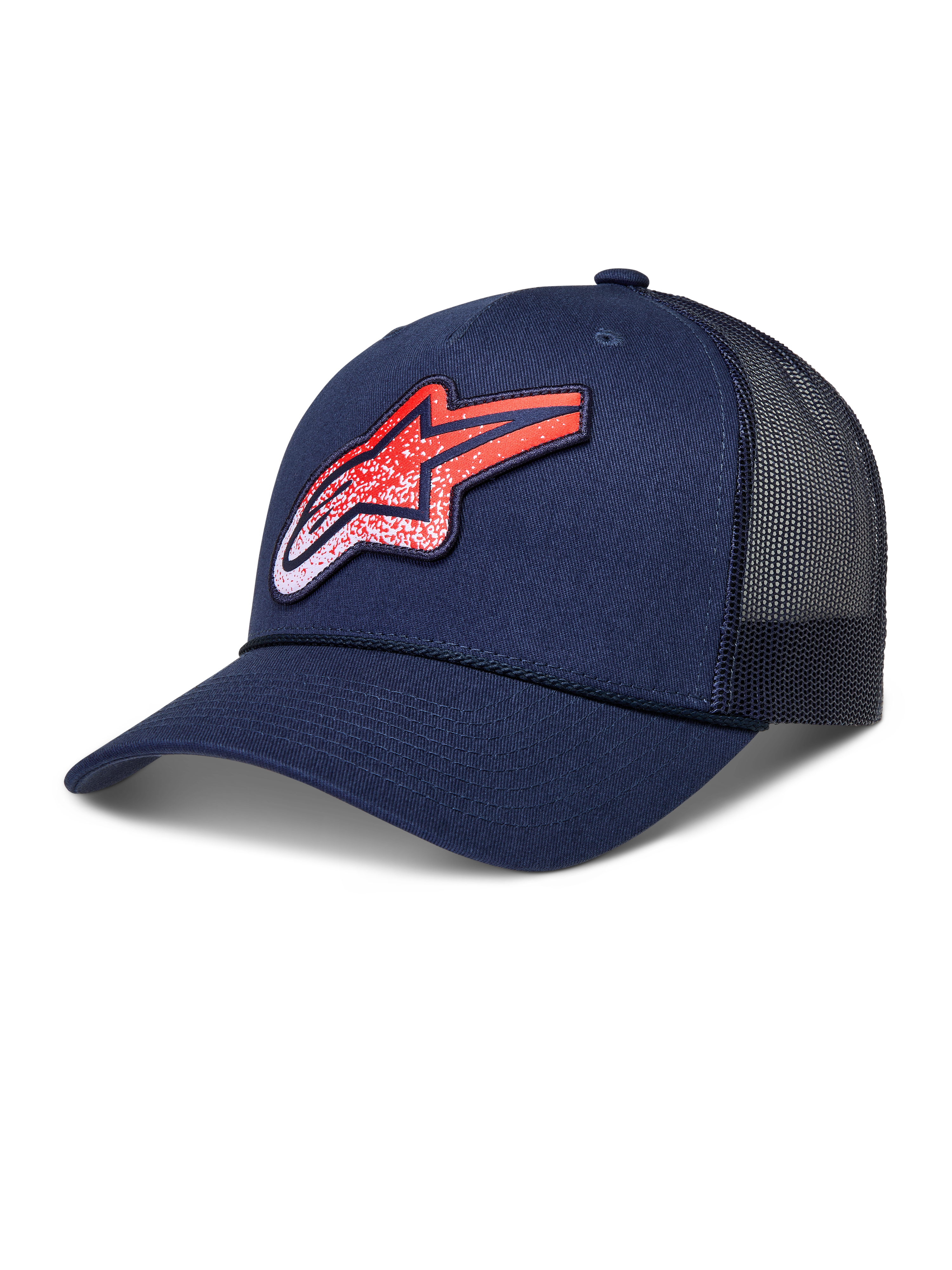 Alpinestars Meteorite Trucker Hat, Sportswear Lifestyle Cap, Navy Blue and Red, featuring a structured crown, curved bill, breathable mesh back panels, and a textured Astars logo patch.