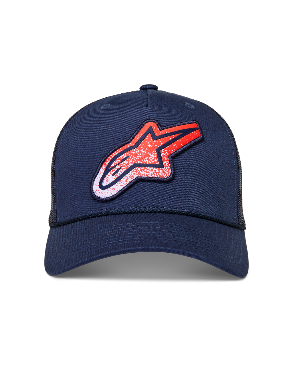 Alpinestars Meteorite Trucker Hat, navy blue mesh back cap with a red and white gravel-texture logo patch.