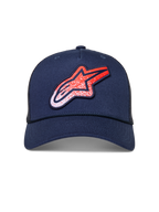 Alpinestars Meteorite Trucker Hat, navy blue mesh back cap with a red and white gravel-texture logo patch.