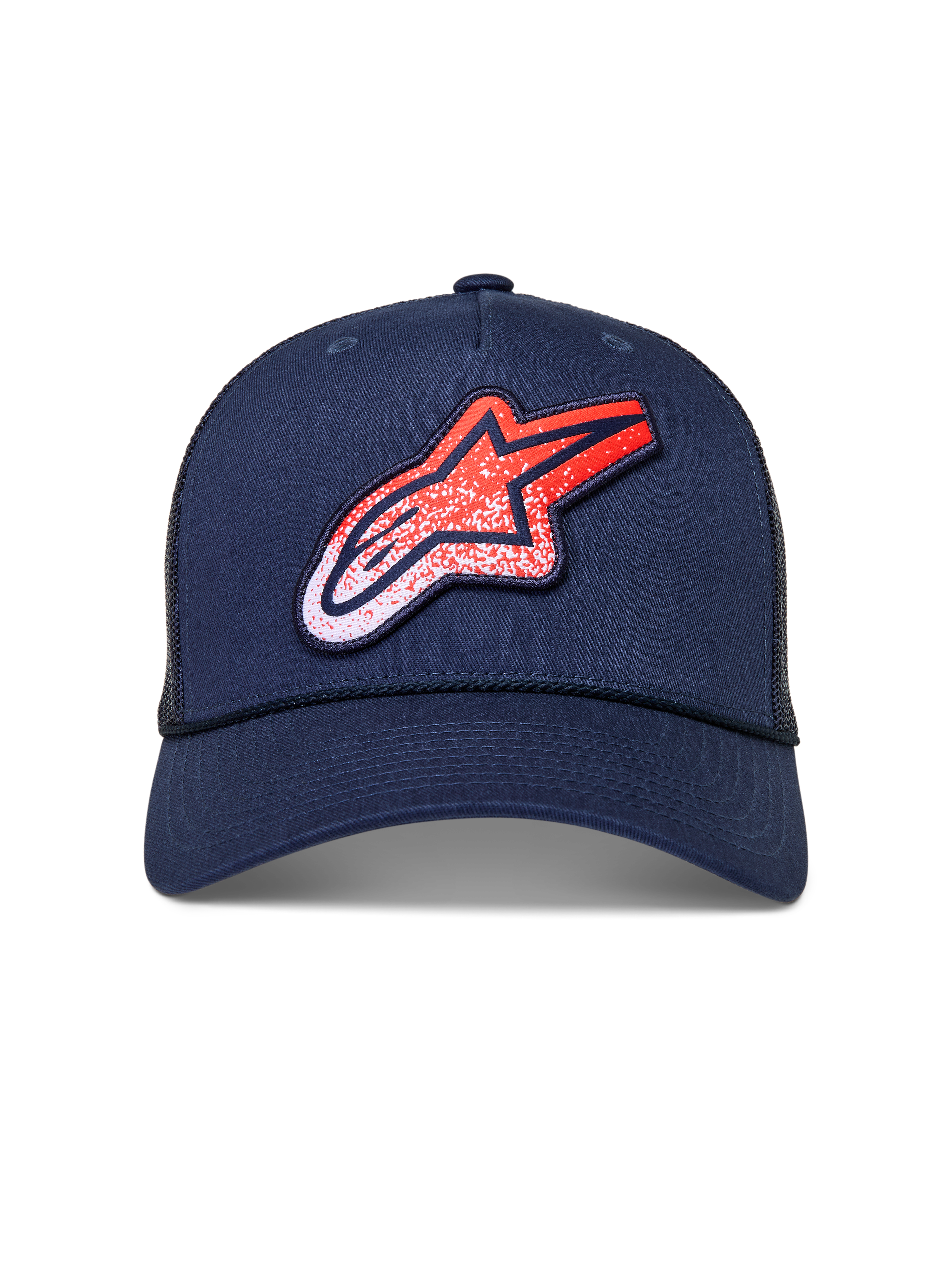 Alpinestars Meteorite Trucker Hat, navy blue mesh back cap with a red and white gravel-texture logo patch.