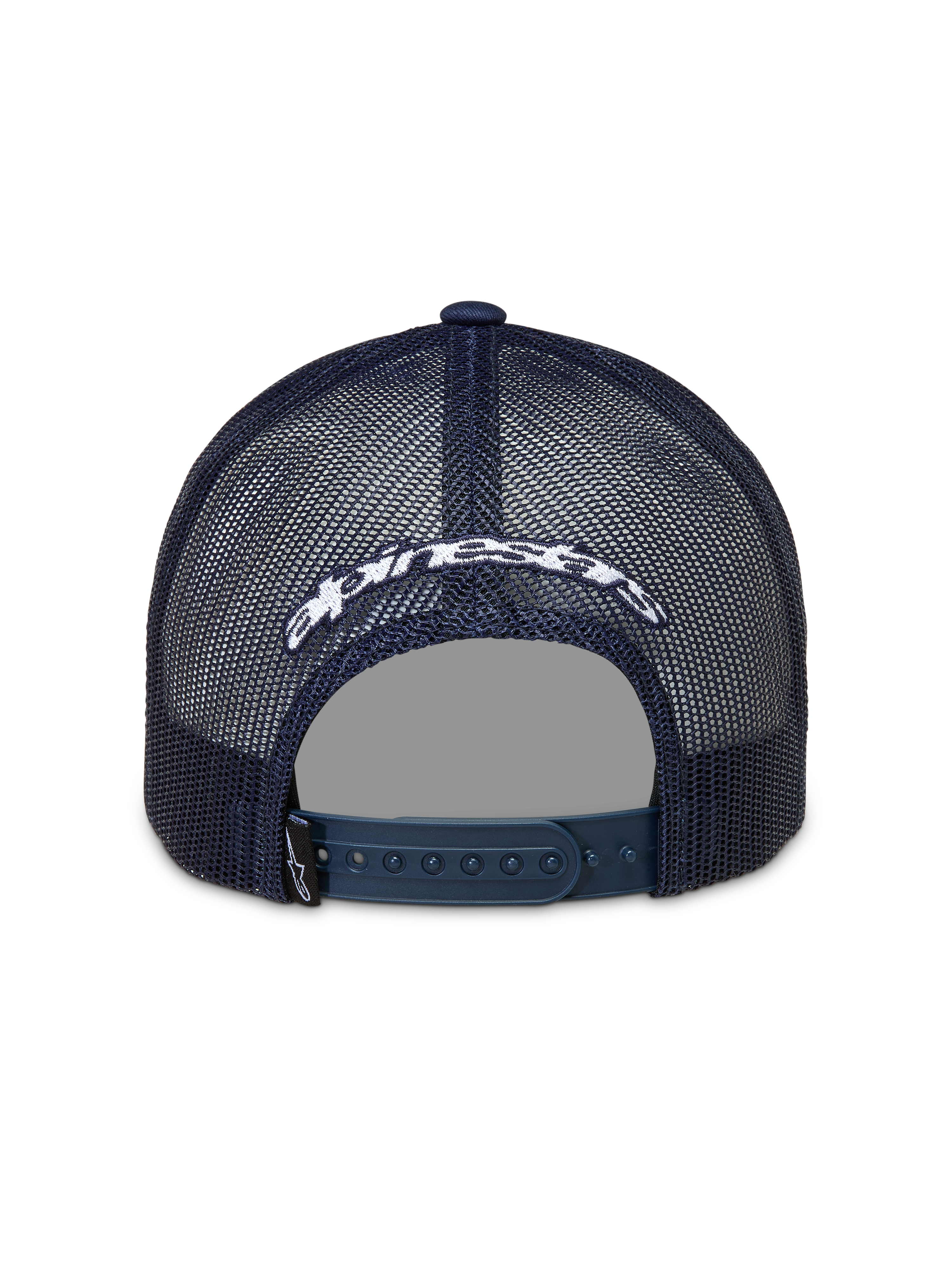 Alpinestars Meteorite Trucker Hat, Navy Blue mesh back sportswear cap with white embroidered logo and snapback closure.