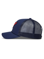 Alpinestars Meteorite Trucker Hat, navy blue sportswear cap with a mesh back, curved bill, and red gravel texture logo patch.