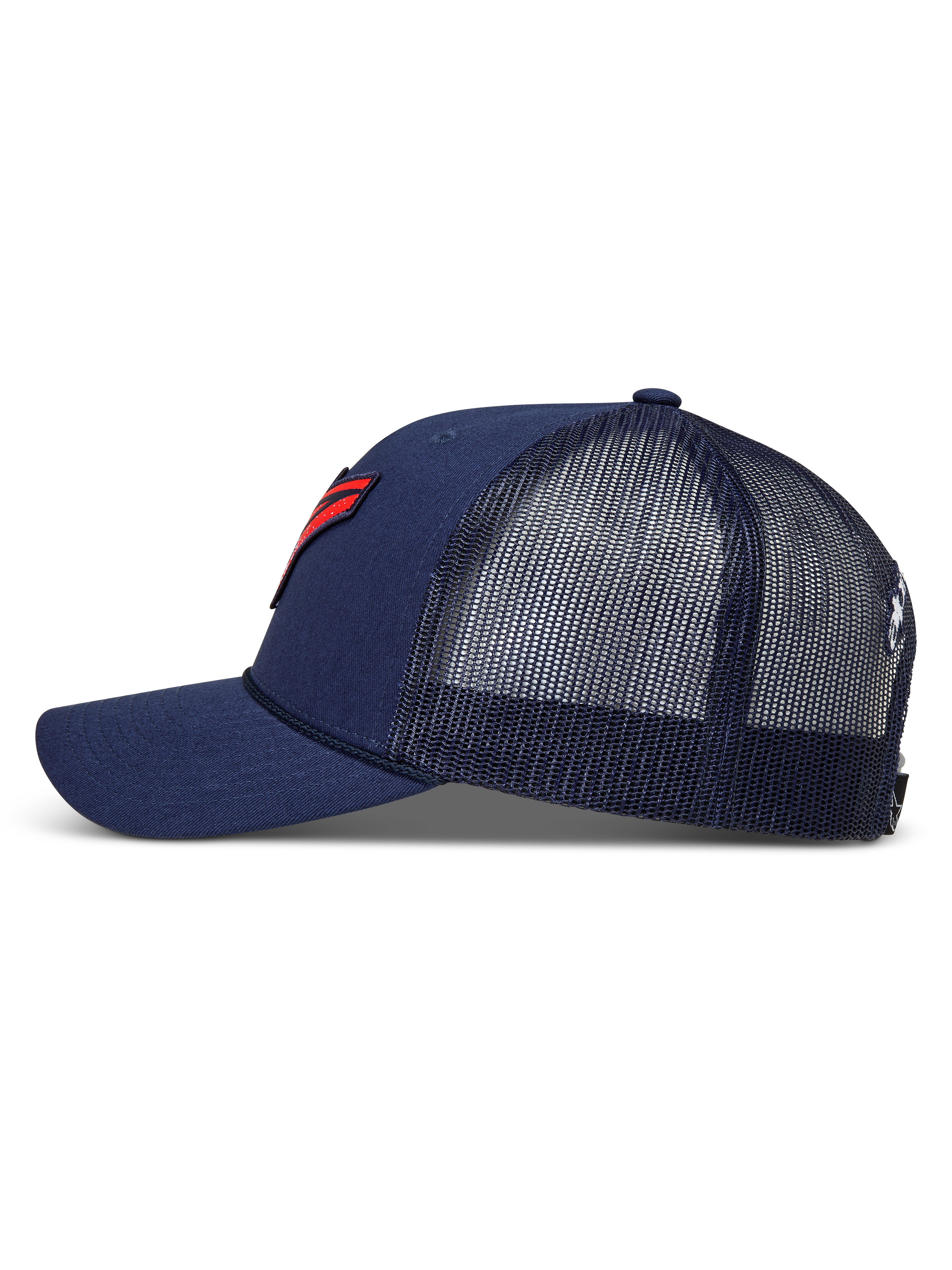 Alpinestars Meteorite Trucker Hat, navy blue sportswear cap with a mesh back, curved bill, and red gravel texture logo patch.