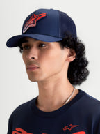 Alpinestars Meteorite Trucker Hat, Sportswear Mesh Cap, Navy Blue with Red Astars Gravel-Texture Logo, Curved Bill and Structured Crown, On-Model View