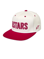 Alpinestars Stadium Snapback Hat, off-white and red flat bill cap with structured crown and Astars logo applique.