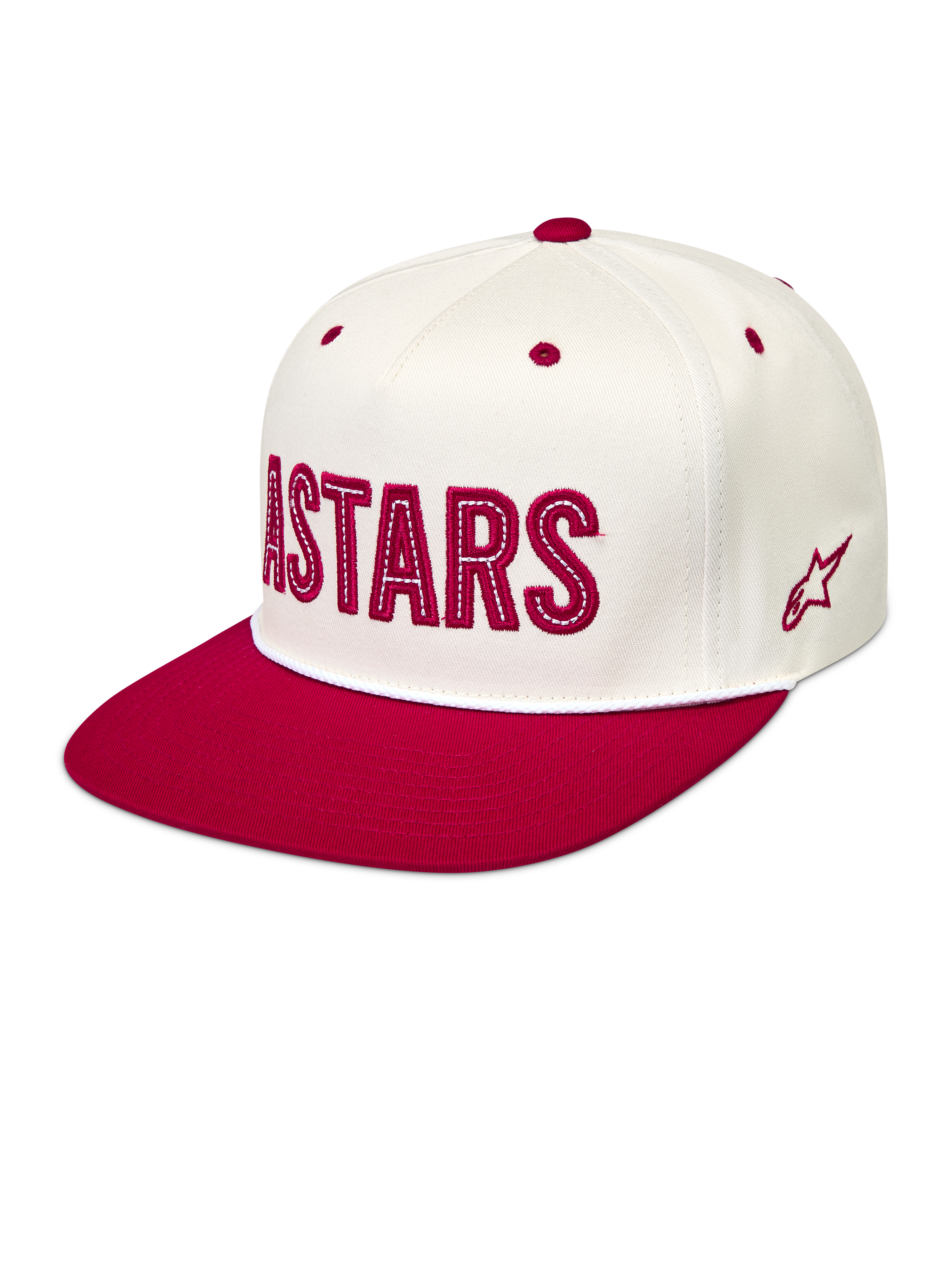 Alpinestars Stadium Snapback Hat, off-white and red flat bill cap with structured crown and Astars logo applique.