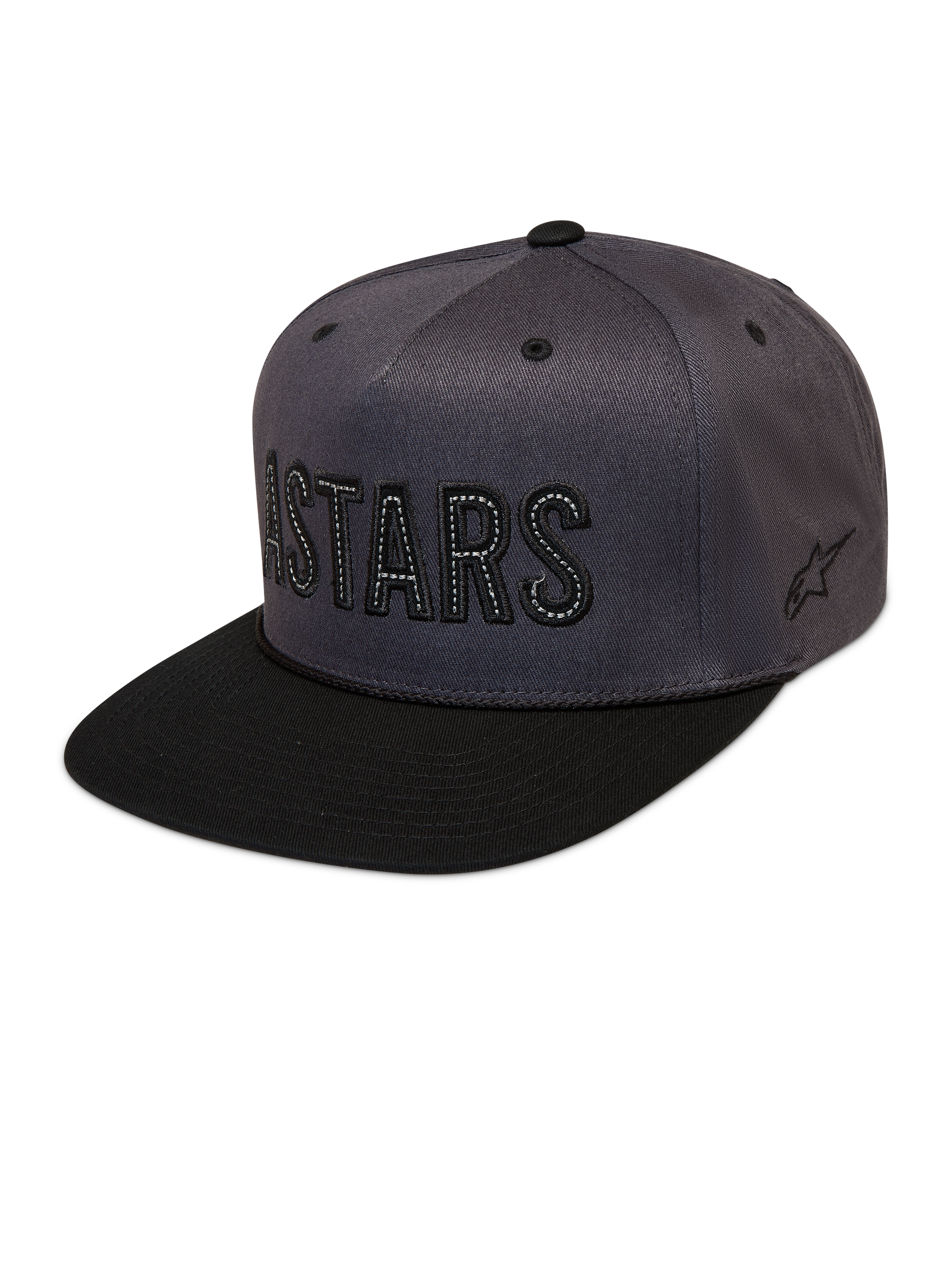 Alpinestars Stadium Snapback Hat, dark gray and black flat-bill cap featuring a structured crown and contrast Astars logo.