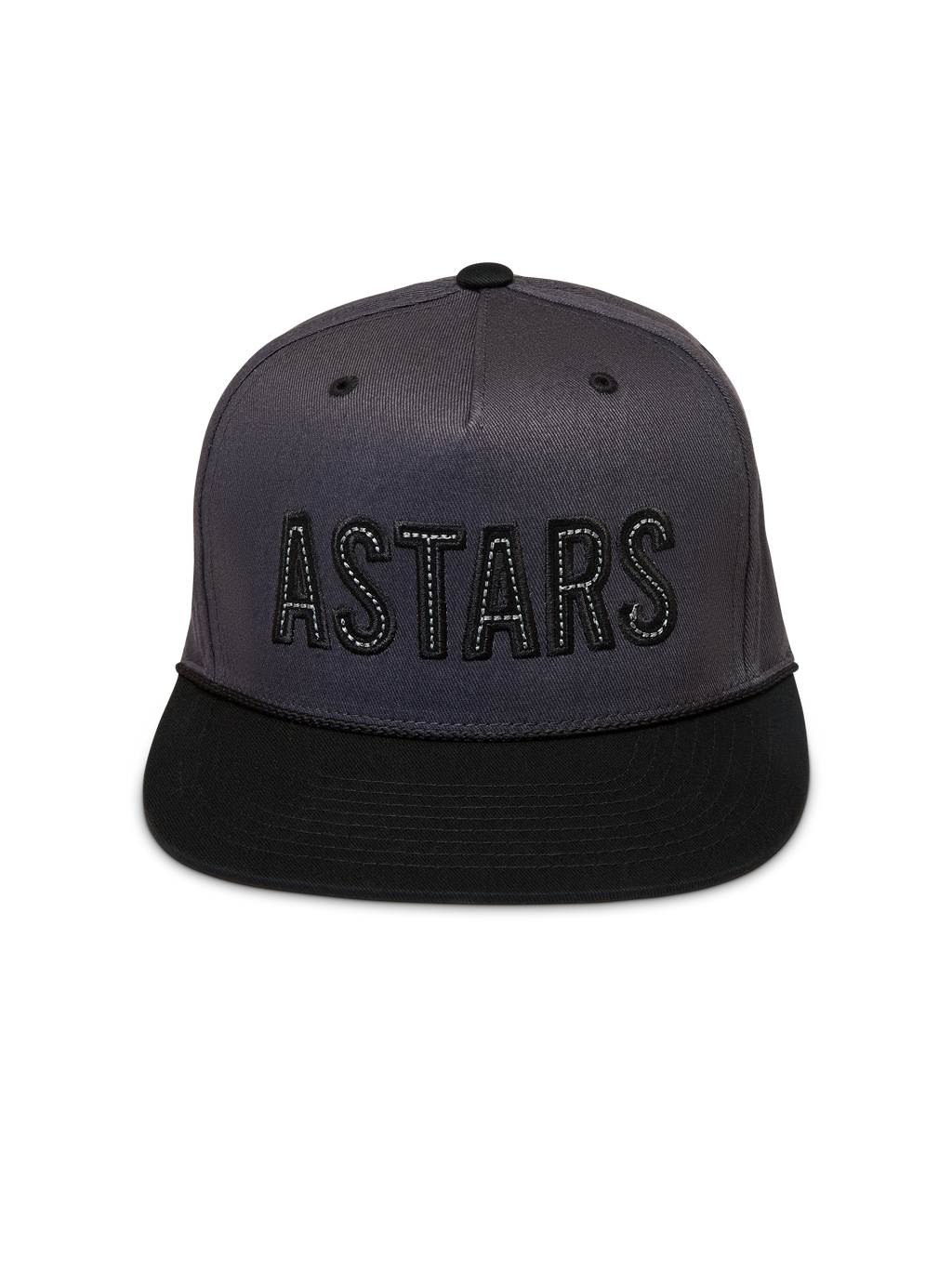 Alpinestars Stadium Snapback Hat, Dark Gray and Black Sportswear Cap with a structured crown, flat bill, and ASTARS logo.