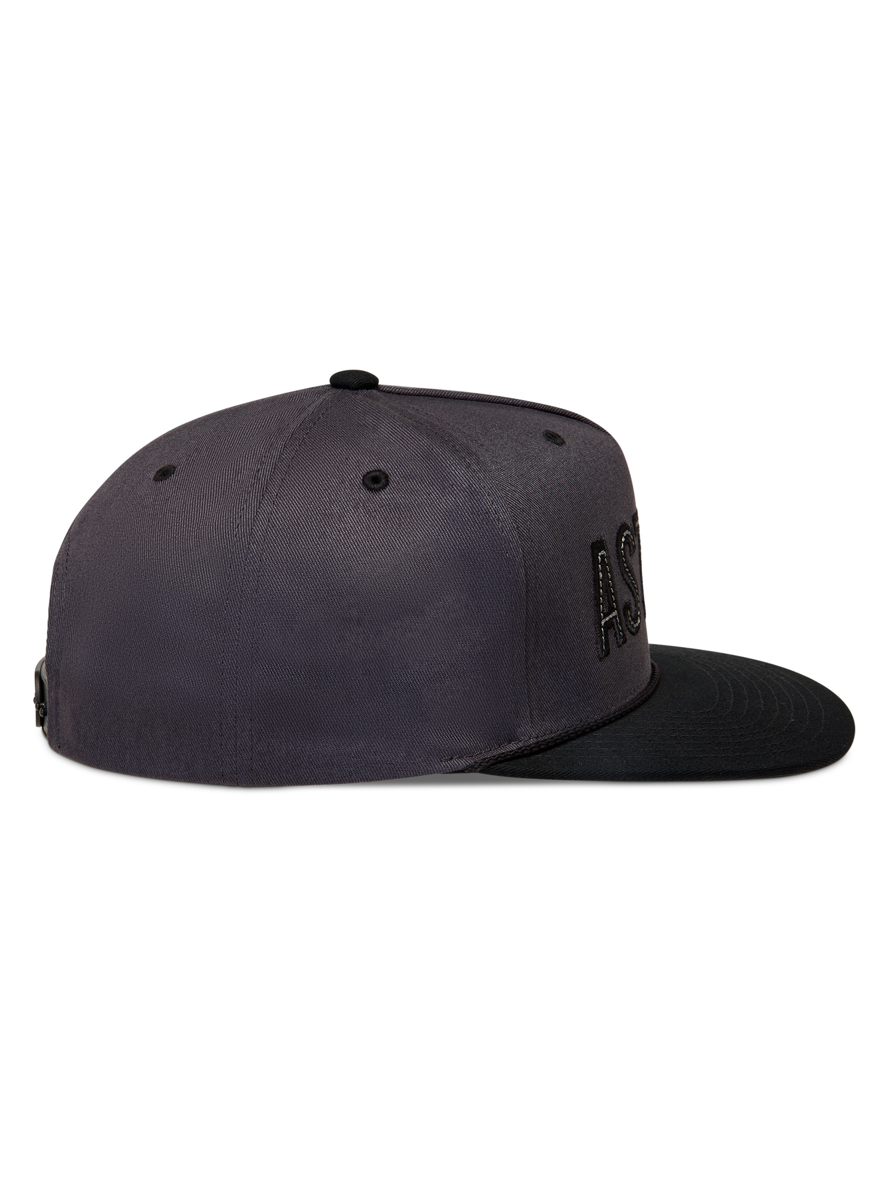 Alpinestars Stadium Snapback Hat, side view of a flat bill sportswear cap in Dark Gray and Black with a structured crown.