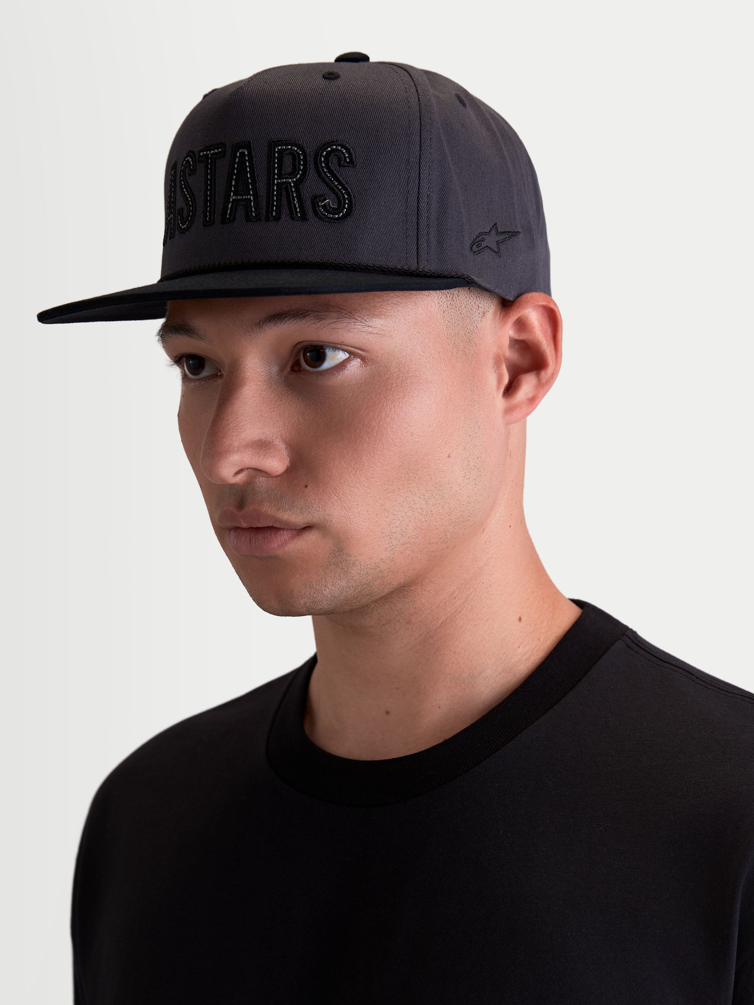 Alpinestars Stadium Snapback Hat, Men's Motorsport-Inspired Sportswear Cap, Dark Gray and Black, Structured Crown with Flat Bill, Front ASTARS Applique and Side Logo Embroidery, Cotton Twill Fabric, On-Model View