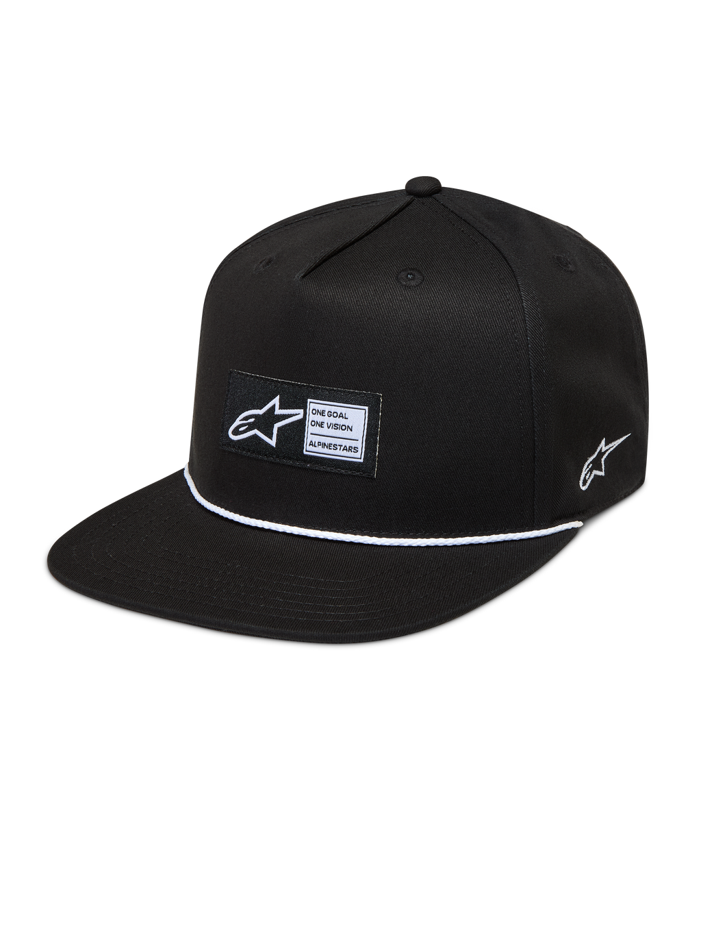 Alpinestars Label Snapback Hat, black and white sportswear cap with a flat bill, woven patch, and cord detail.