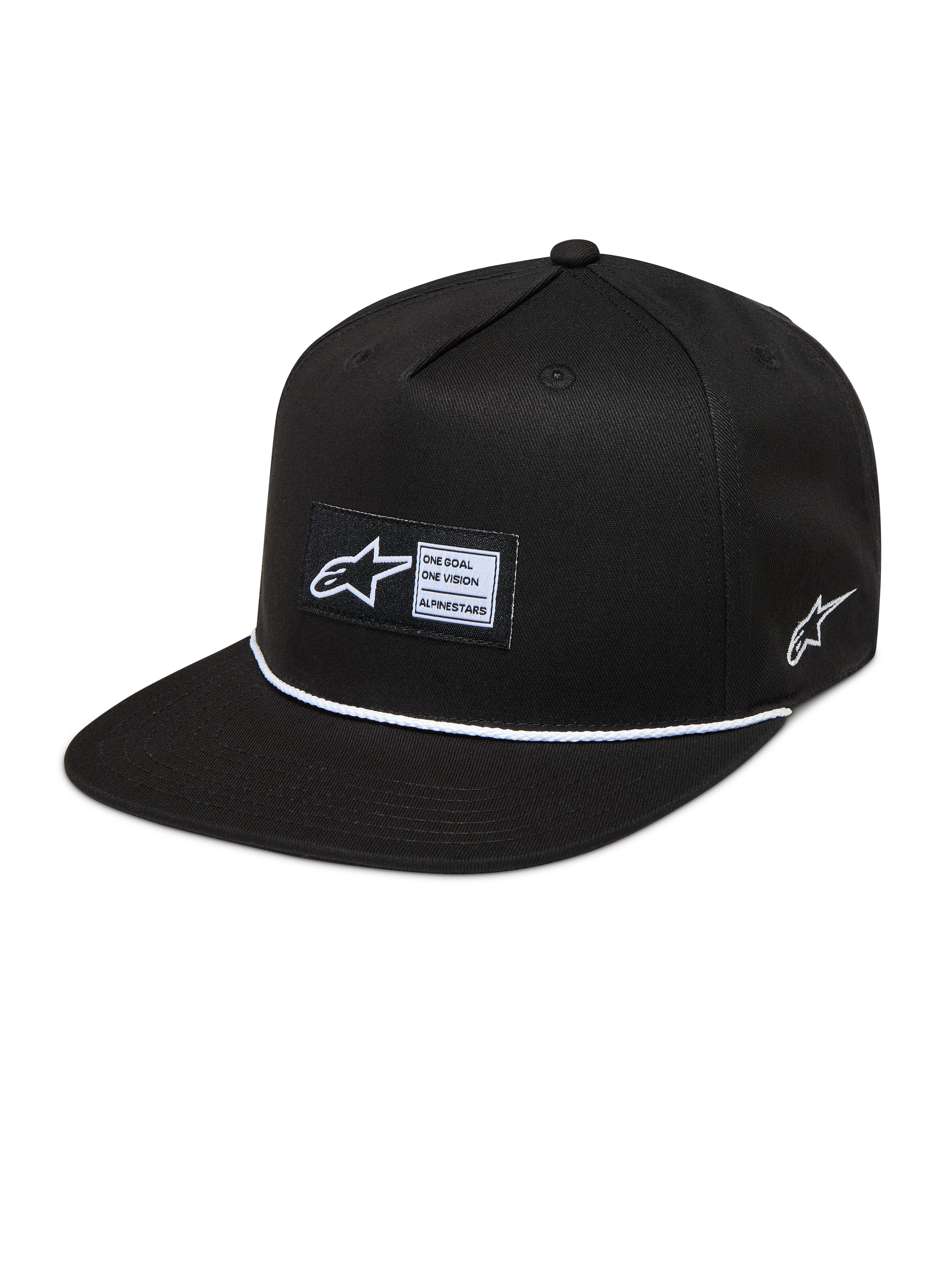 Alpinestars Label Snapback Hat, black and white sportswear cap with a flat bill, woven patch, and cord detail.