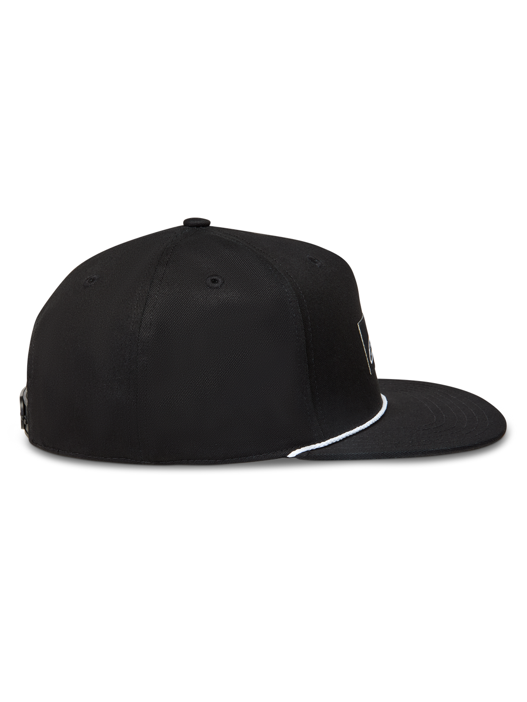 Alpinestars Label Snapback Hat, Black Sportswear Cap with Flat Bill, structured crown and white cord detail, side profile.