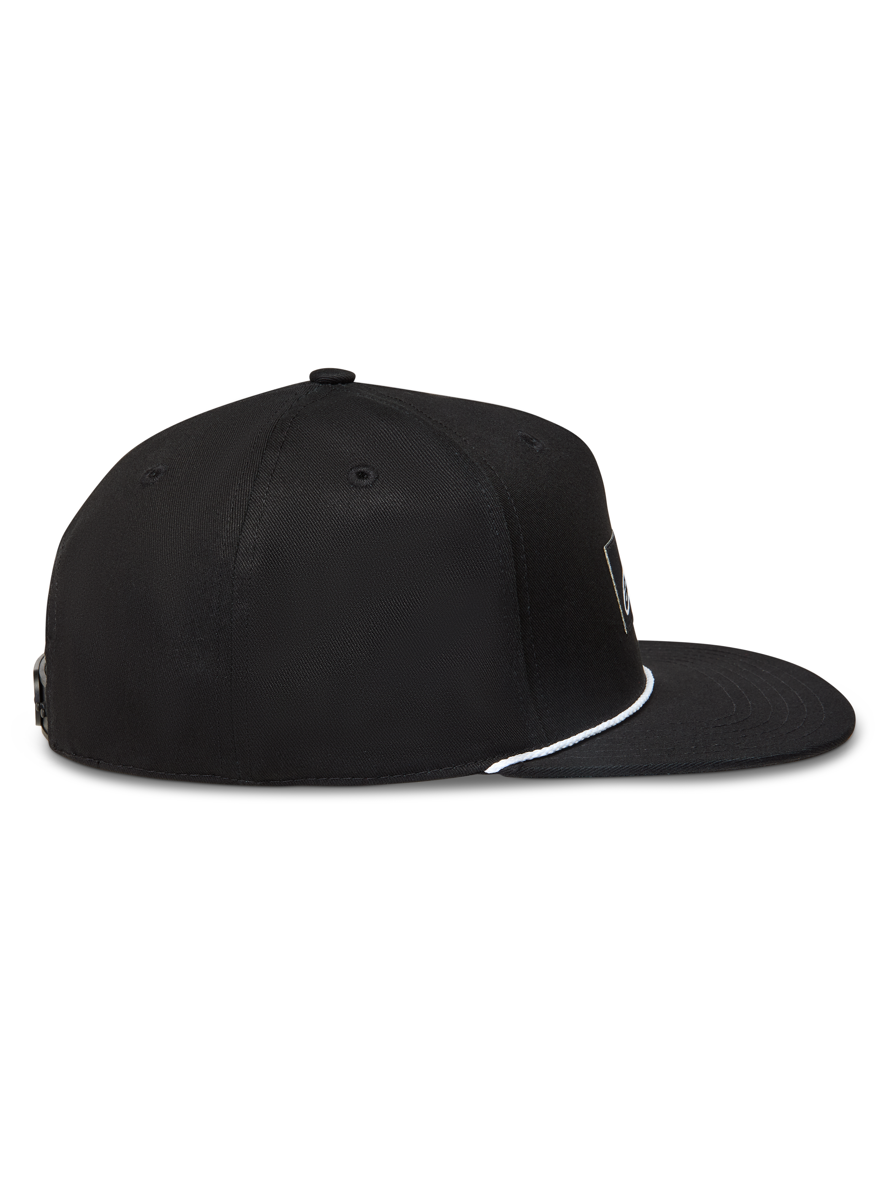 Alpinestars Label Snapback Hat, Black Sportswear Cap with Flat Bill, structured crown and white cord detail, side profile.