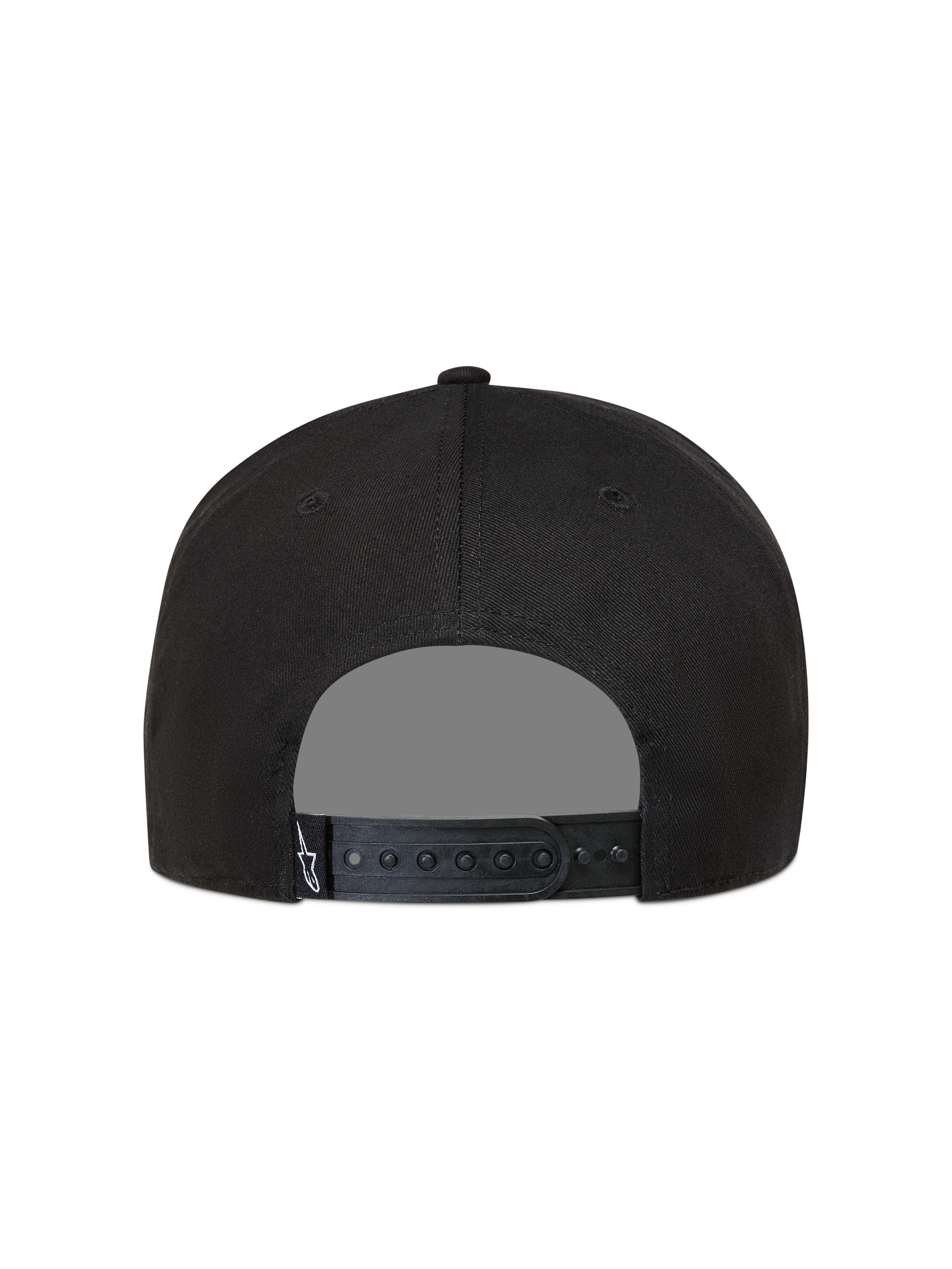 Alpinestars Label Snapback Hat, Black Sportswear Cap, back view with adjustable snapback strap and white Astars logo label.