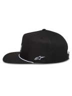Alpinestars Label Snapback Hat, black twill flat bill sportswear cap with white side embroidery and front label.
