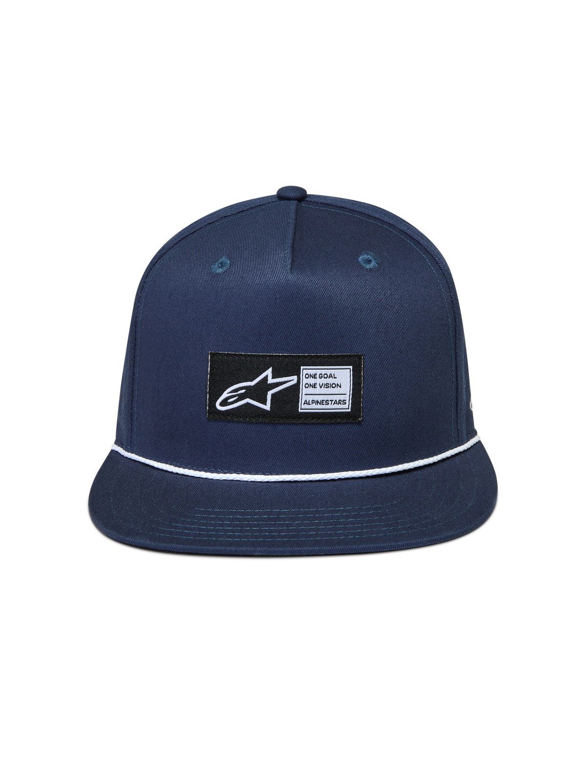 Alpinestars Label Snapback Hat, navy blue twill cap with flat bill and white rope detail, featuring a woven logo patch.