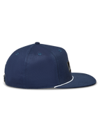 Alpinestars Label Snapback Hat, Navy Blue Twill Sportswear Cap, Side View with Flat Bill and White Rope Detail.