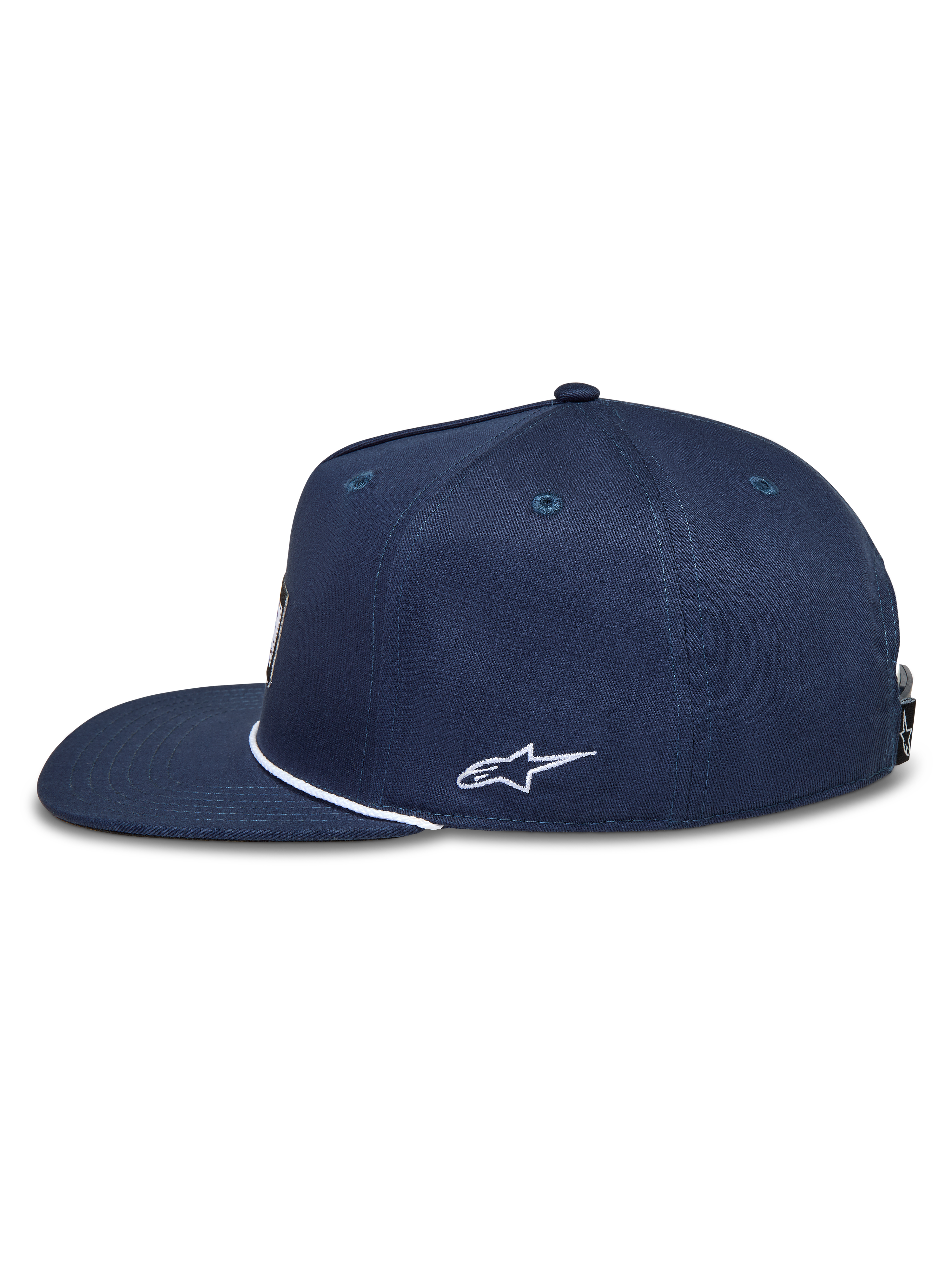 Alpinestars Label Snapback Hat, Navy Blue Sportswear Cap with flat bill and white Astars logo embroidery on the side.