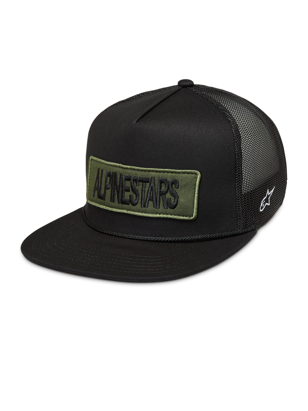 Alpinestars Ten Trucker Hat in black with an olive green embroidered logo patch and breathable mesh back.