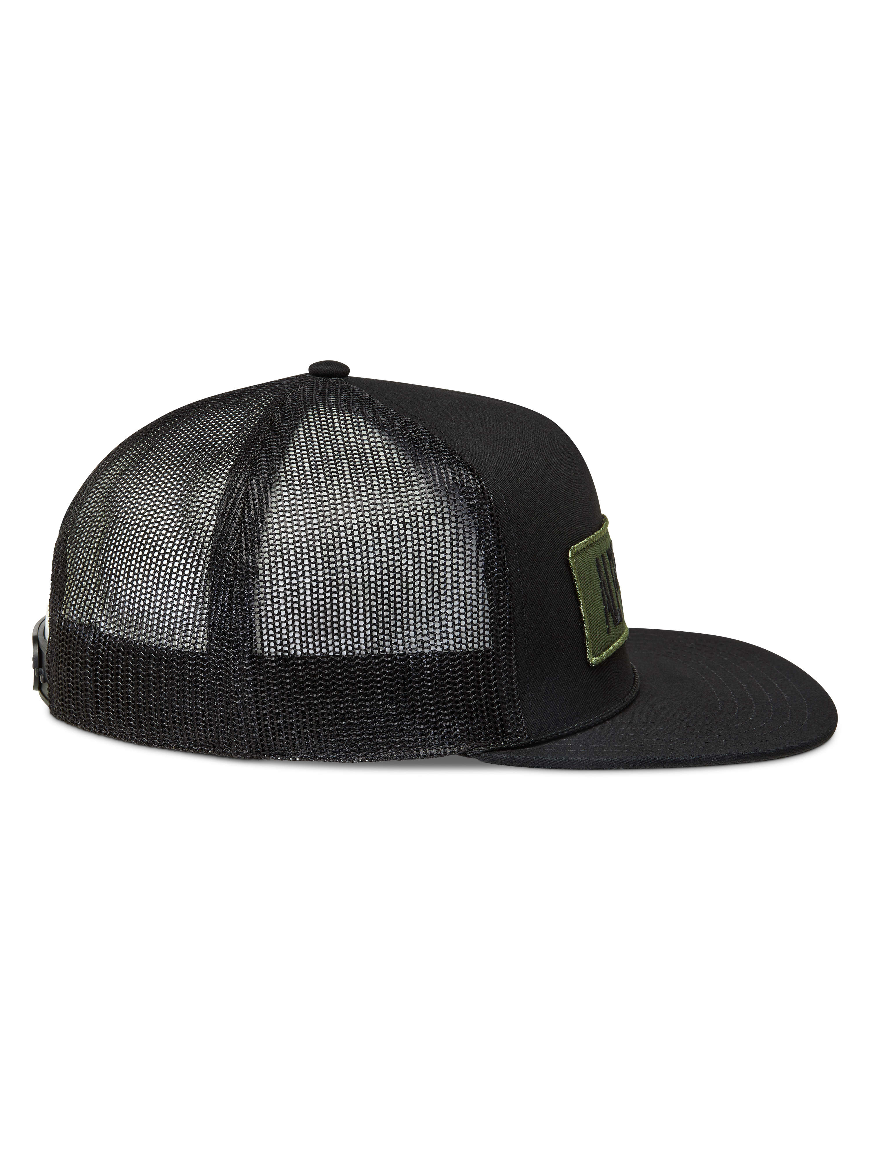 Alpinestars Ten Trucker Hat, black sportswear cap with breathable mesh back, flat bill, and olive logo patch.