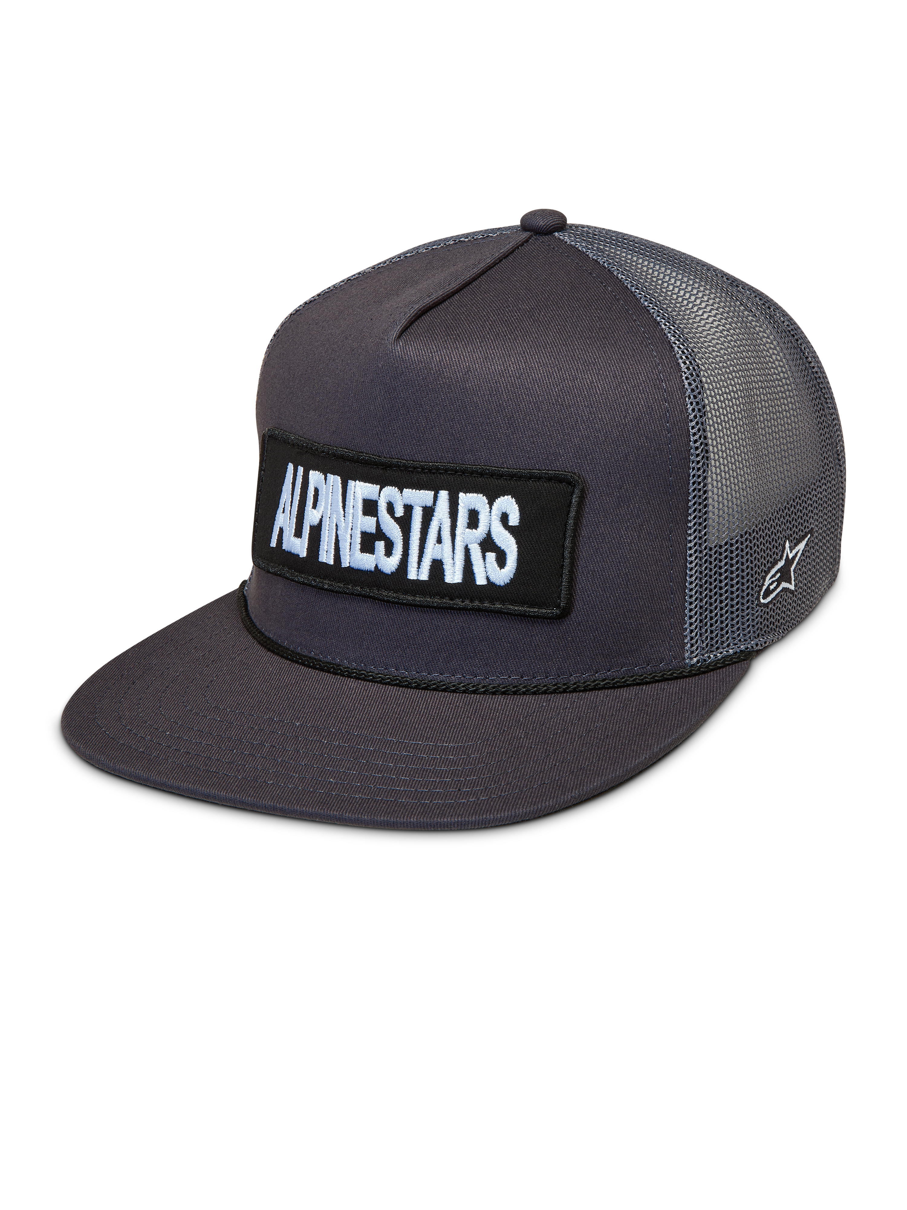 Alpinestars Ten Trucker Hat in dark grey, featuring a flat bill, front embroidered logo patch, and breathable mesh back panels.