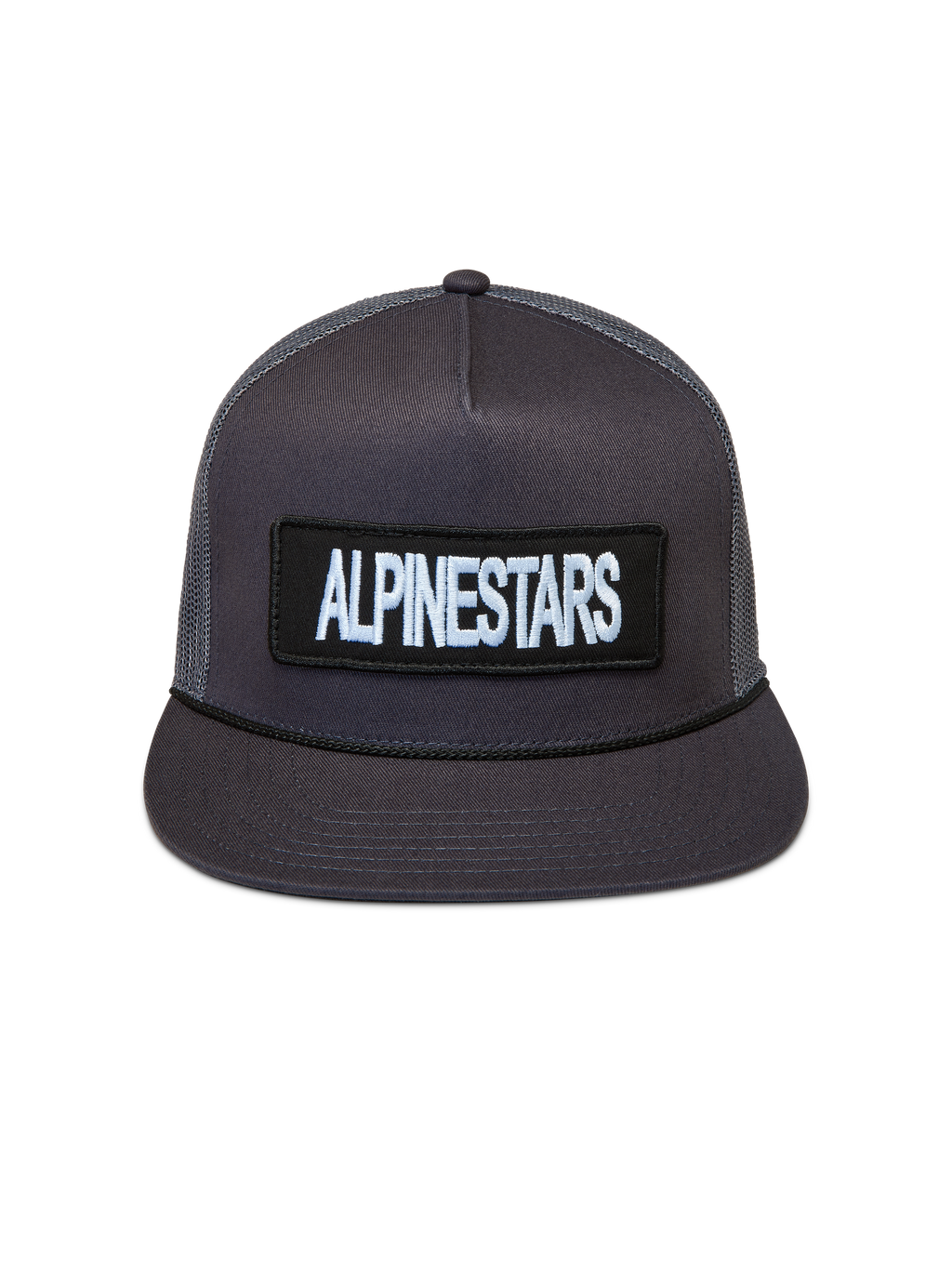 Alpinestars Ten Trucker Hat, dark grey sportswear cap with structured crown, flat bill, and embroidered logo patch.