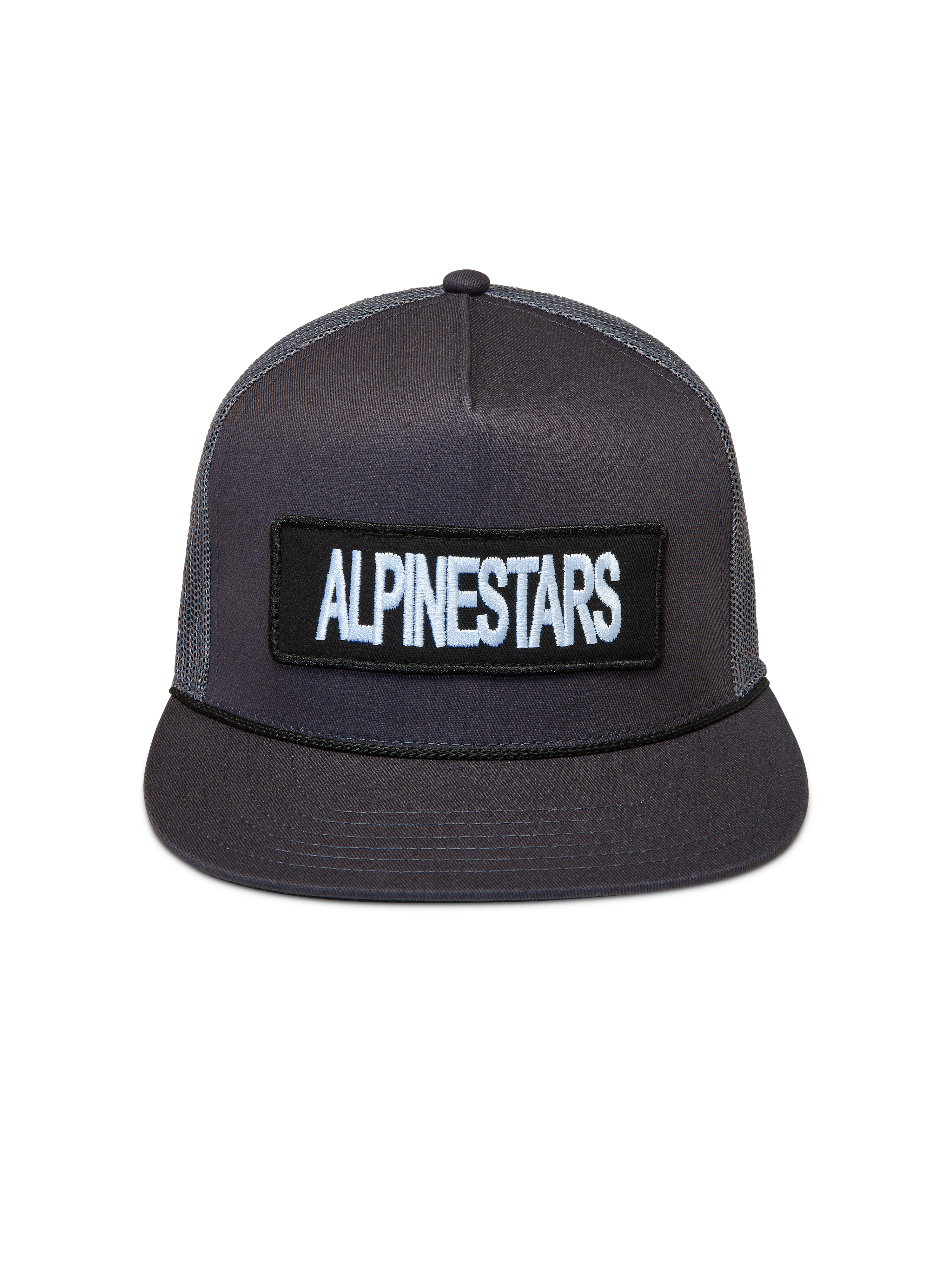 Alpinestars Ten Trucker Hat, dark grey sportswear cap with structured crown, flat bill, and embroidered logo patch.