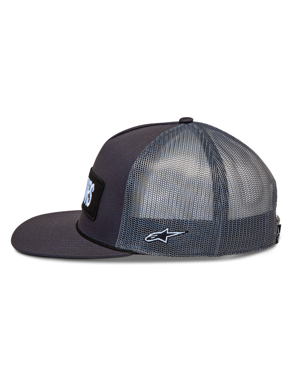 Alpinestars Ten Trucker Hat, dark grey flat bill cap with breathable mesh back and side Astars logo embroidery.