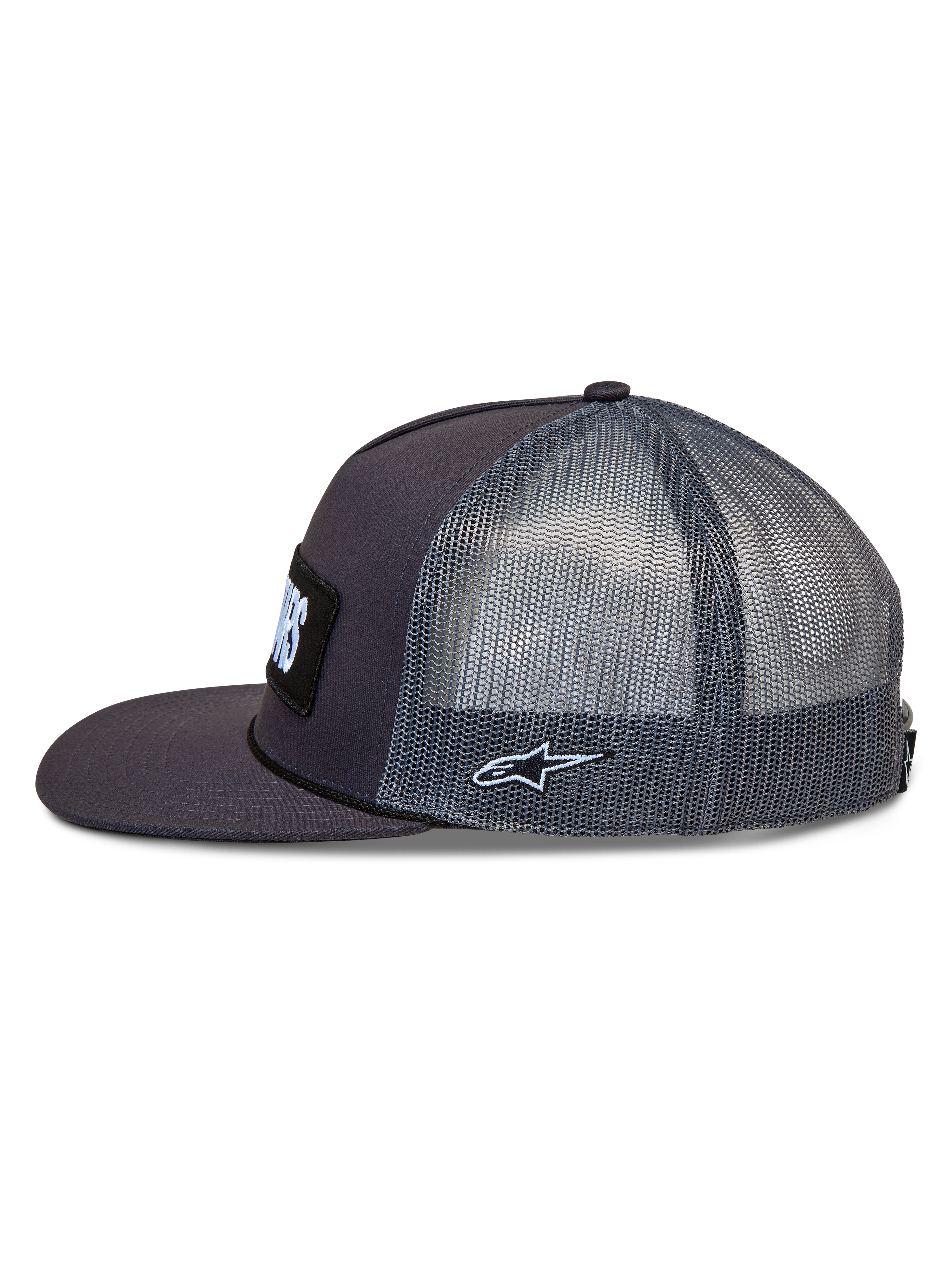 Alpinestars Ten Trucker Hat, dark grey flat bill cap with breathable mesh back and side Astars logo embroidery.