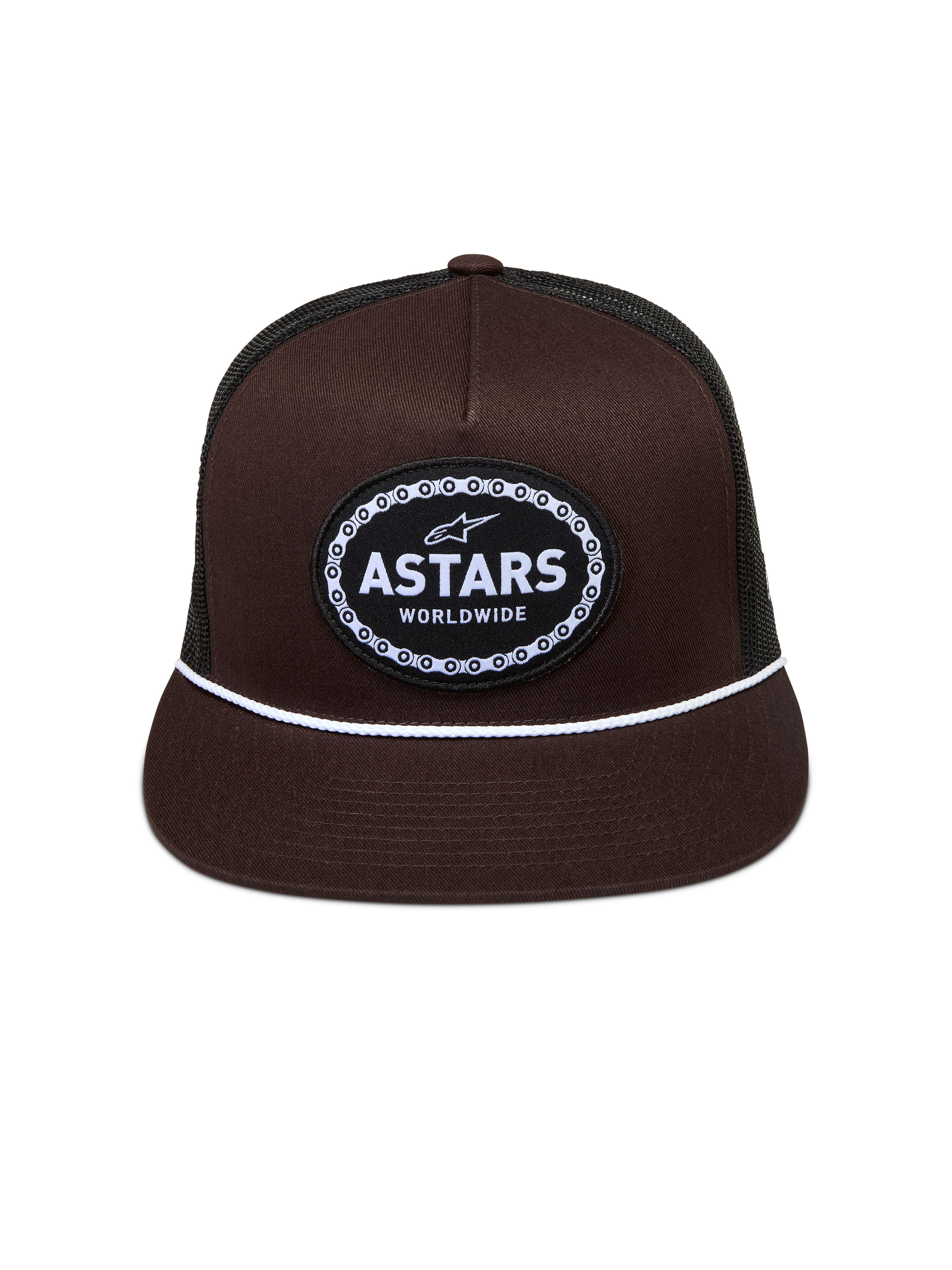 Alpinestars Hotlink Trucker Hat, brown and black lifestyle cap with a flat bill and woven Astars patch with chain border.