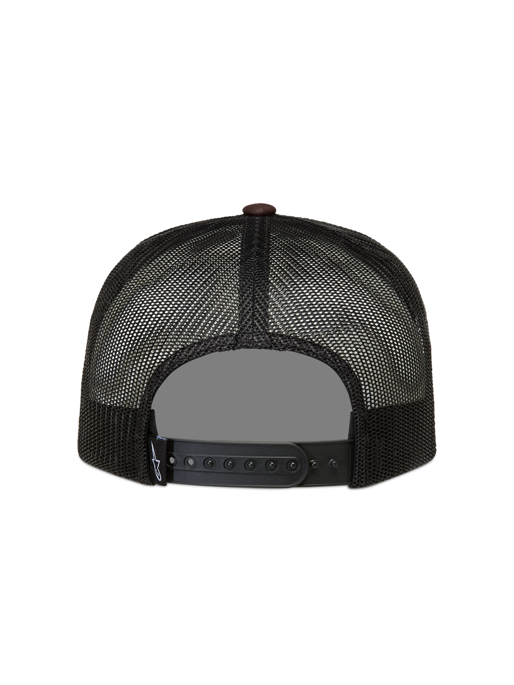 Alpinestars Hotlink Trucker Hat, black and brown mesh sportswear cap with adjustable snapback closure.