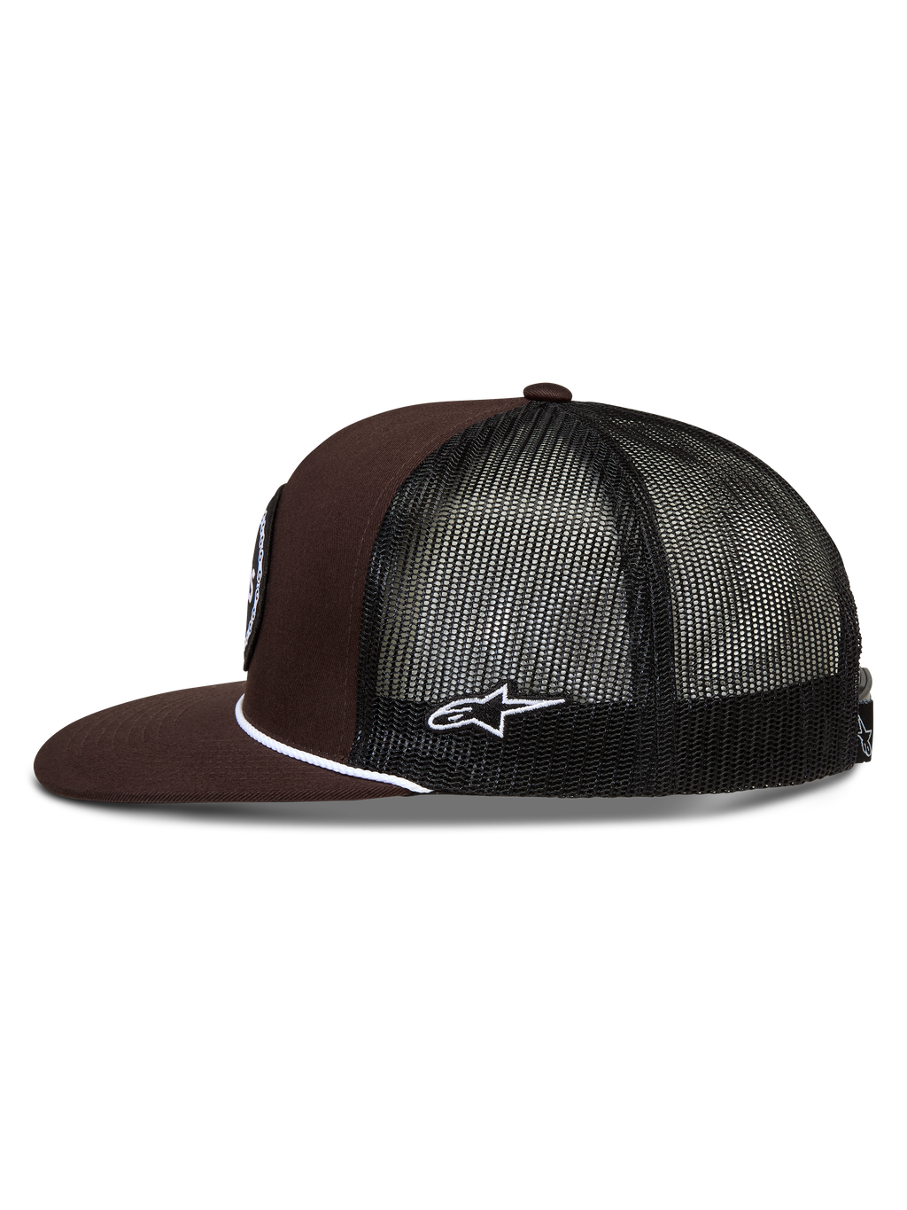 Alpinestars Hotlink Trucker Hat, brown and black flat-bill cap with mesh back and white rope detail.