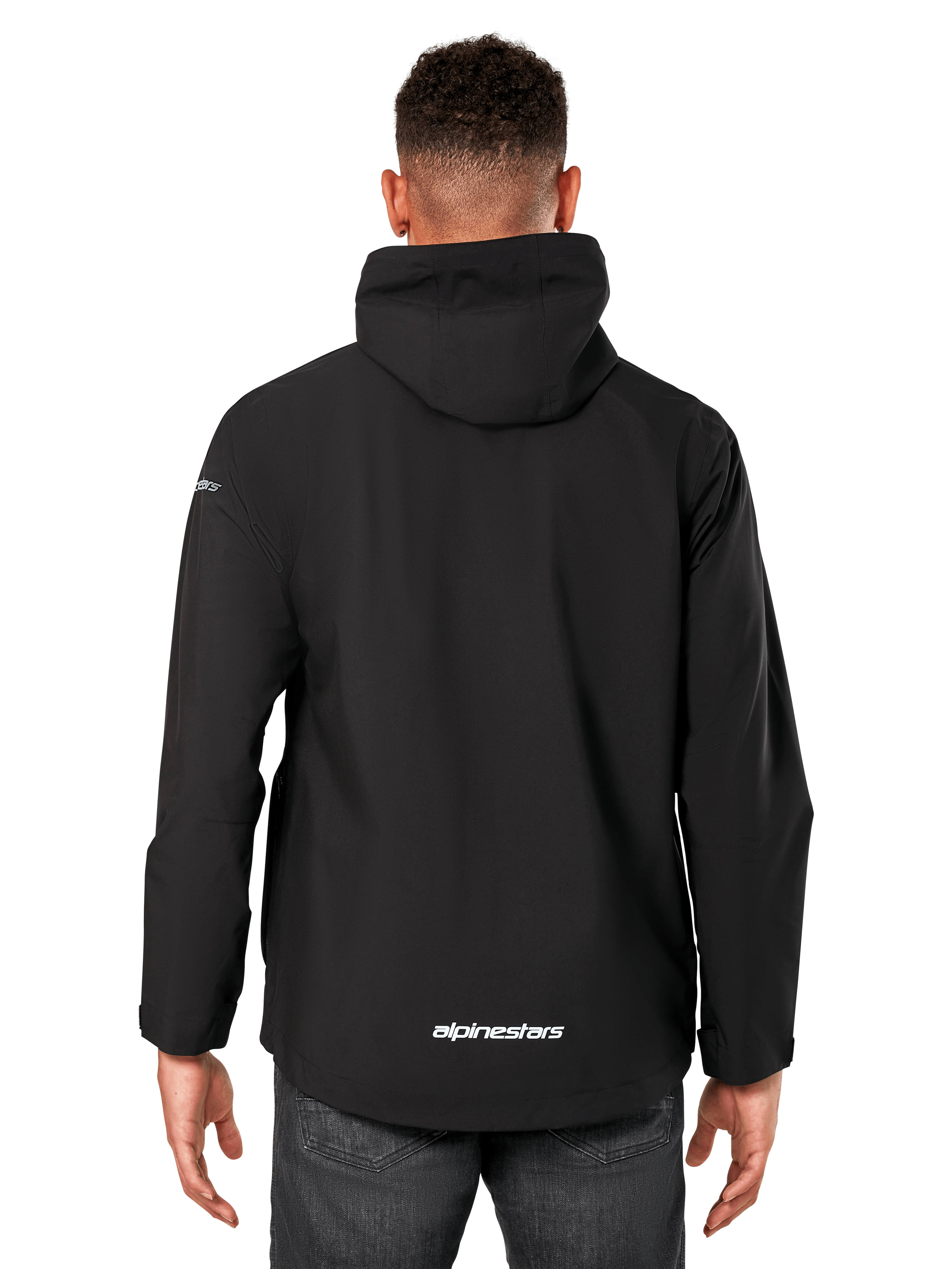 Alpinestars Kascade Rain Jacket, Men's Rain Shell, Black, Rear view showing fixed hood and Alpinestars logo on the lower back, casual waterproof sportswear