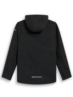 Alpinestars Kascade Rain Jacket, back view, black water-resistant rain shell, fixed hood, silver Alpinestars wordmark on lower back, long sleeves, performance outdoor and motorsport-inspired design