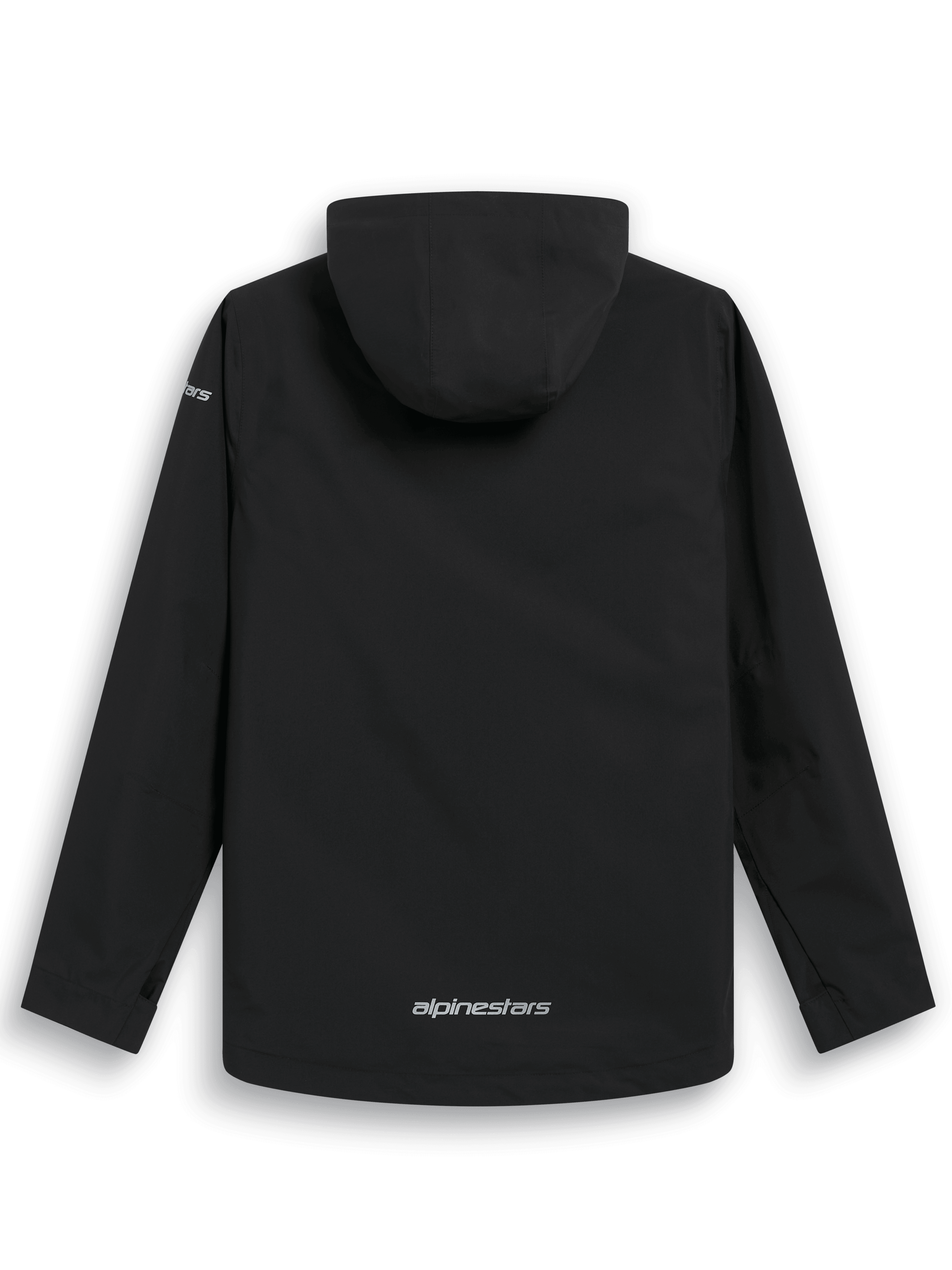 Alpinestars Kascade Rain Jacket, back view, black water-resistant rain shell, fixed hood, silver Alpinestars wordmark on lower back, long sleeves, performance outdoor and motorsport-inspired design