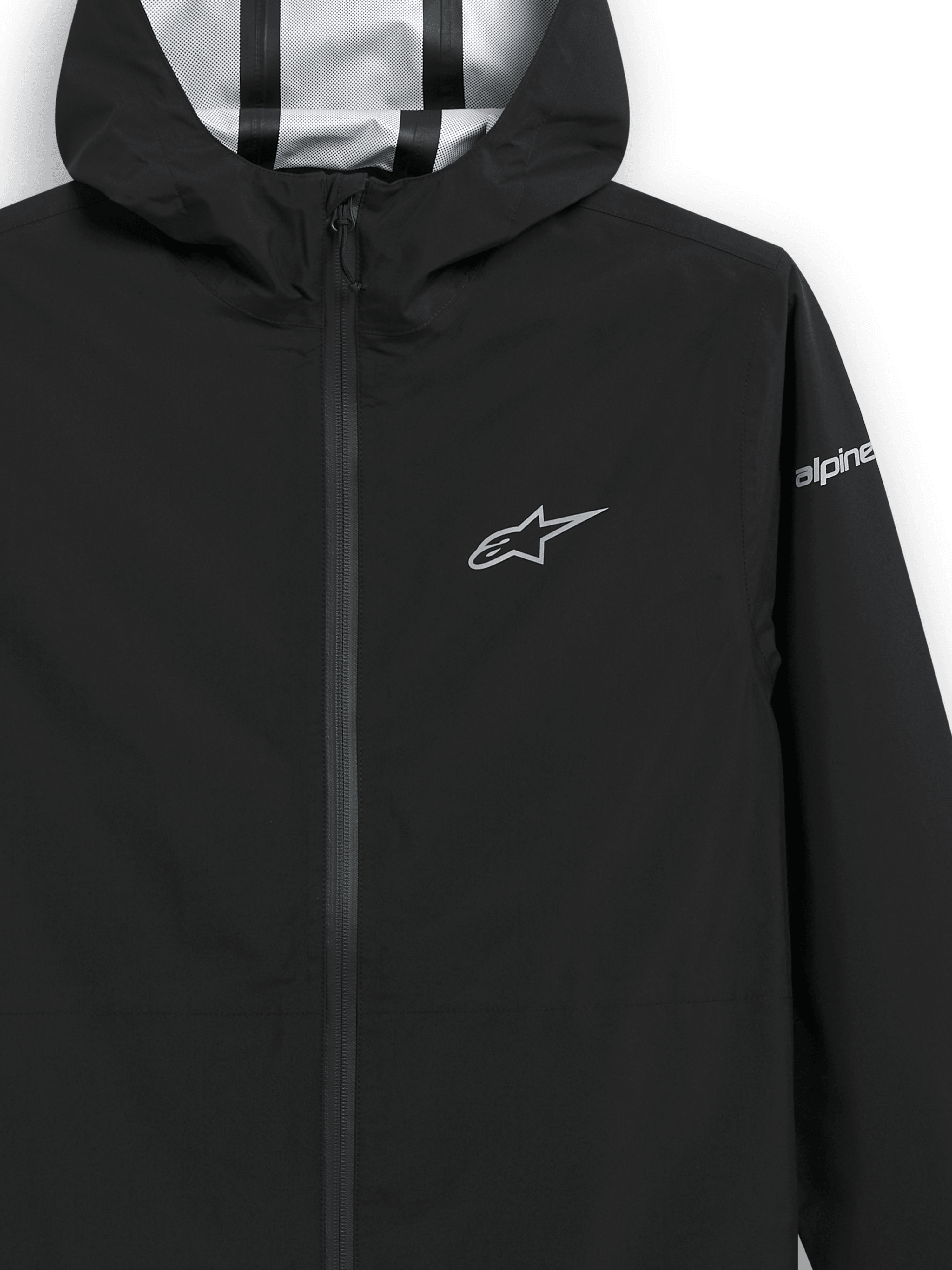 Alpinestars Kascade Rain Jacket, Black rain shell jacket, close-up of chest and hood, silver star logo on chest and branding on sleeve, taped seams visible inside the hood, water-resistant motorsport-inspired outerwear