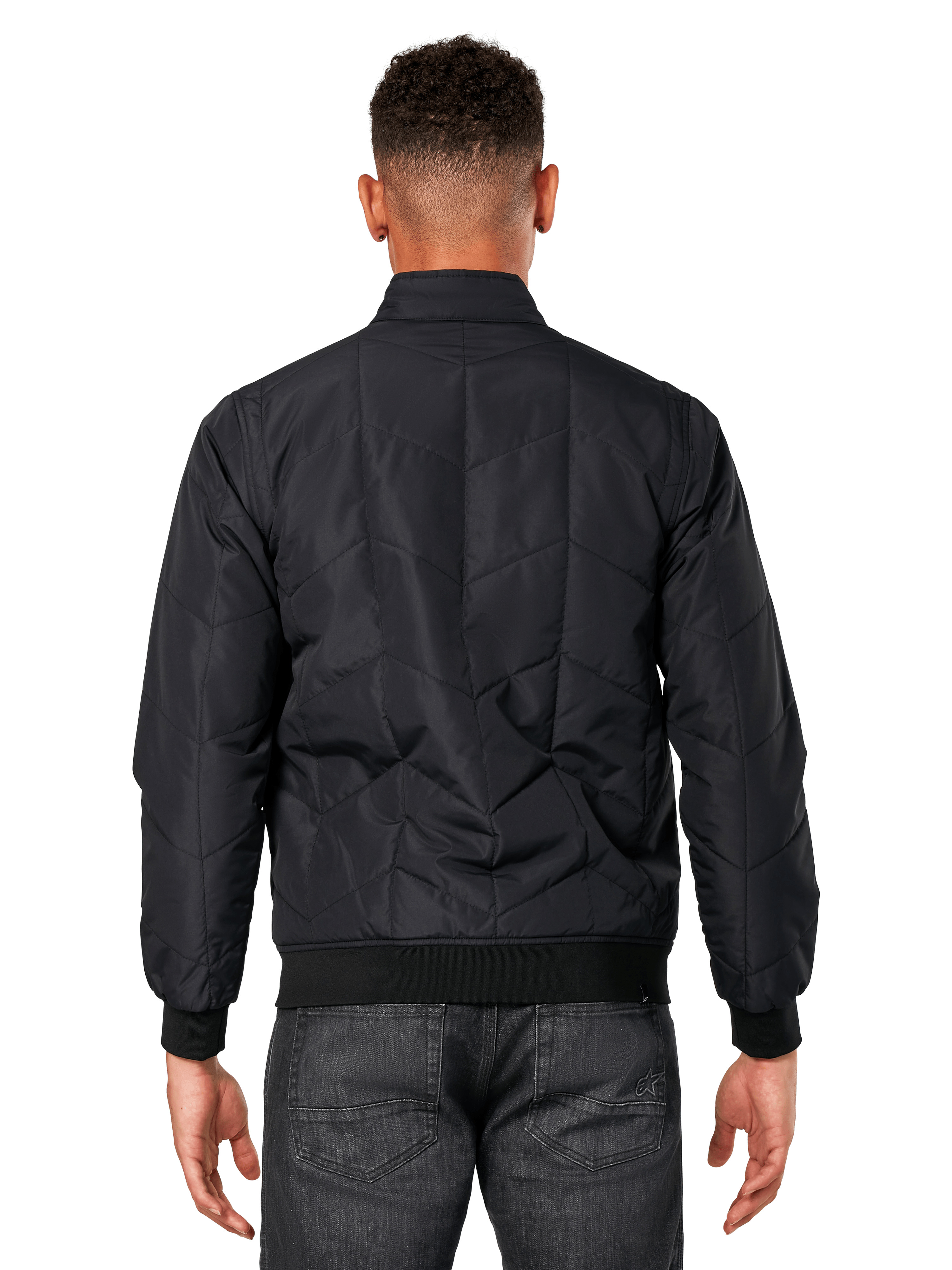 Alpinestars Precedent Jacket, Black, rear view on model, featuring iconic angled quilt pattern, rib cuffs and hem, quilted F1-inspired motorsport styling