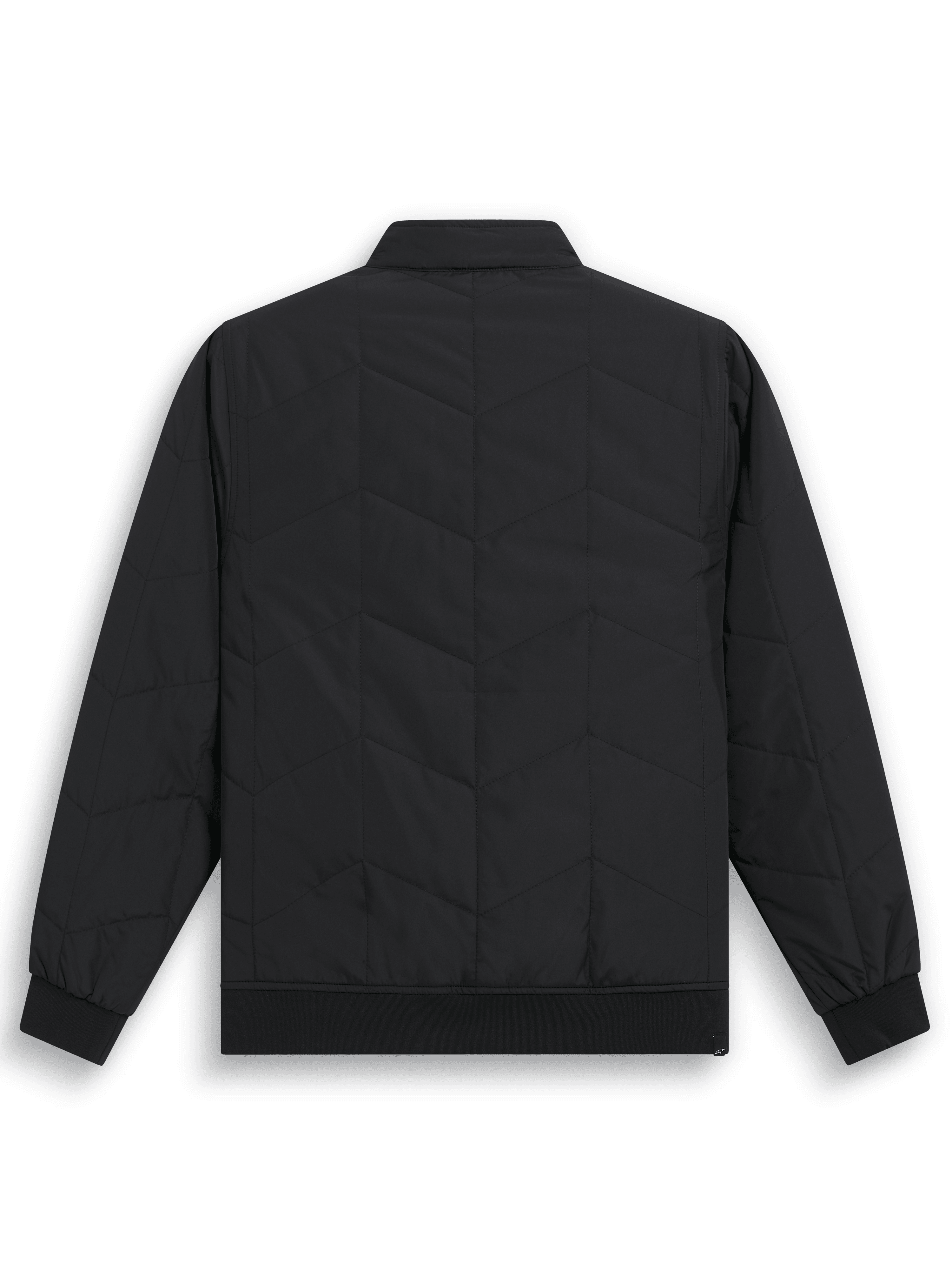 Alpinestars Precedent Jacket, Quilted F1-inspired Sportswear Jacket, Black, back view showing iconic angled quilt pattern, rib-knit cuffs and hem, low track collar, casual motorsport-inspired design