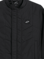 Alpinestars Precedent Jacket, Quilted Sportswear Jacket, Black, close-up view featuring an iconic angled quilt pattern, low track collar, covered front zipper, and small chest logo patch