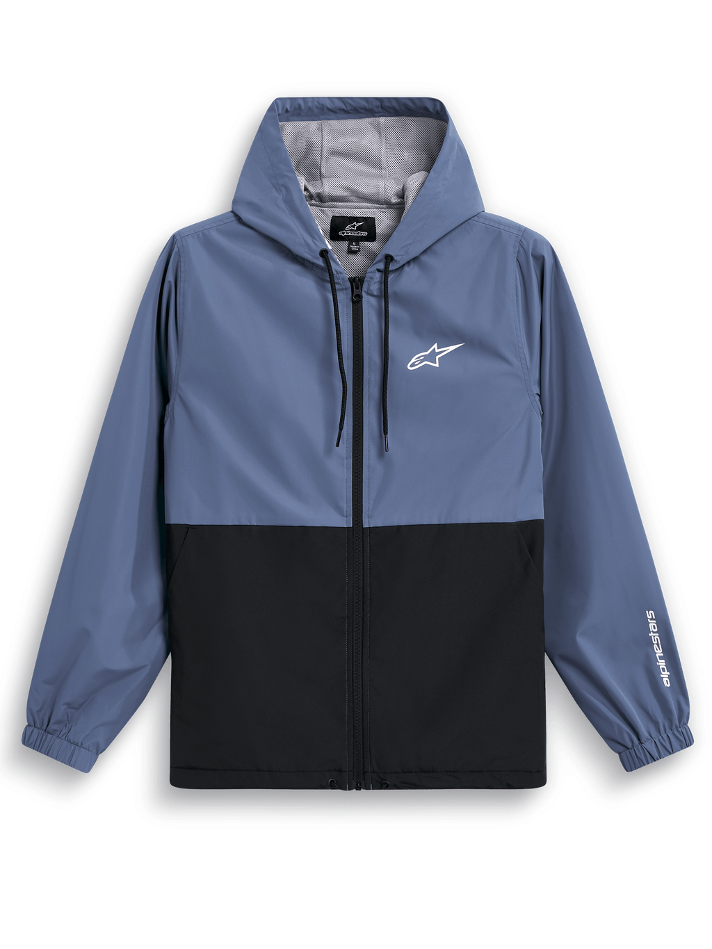 Alpinestars Speeder Windbreaker Jacket, Lightweight Hooded Windbreaker, Slate Blue and Black, two-tone blocked design with white logo on chest and sleeve branding, mesh lining and adjustable drawcord hood