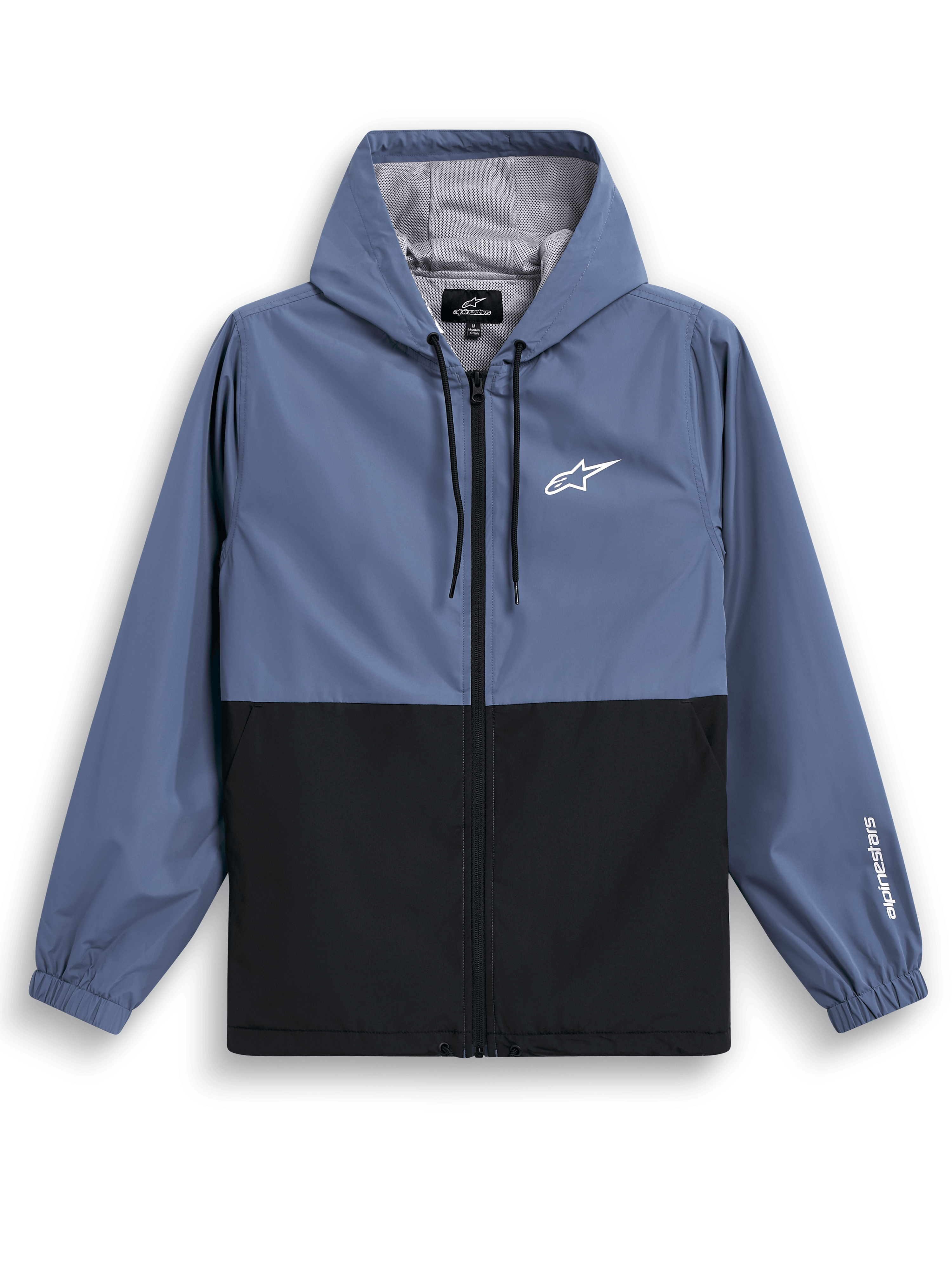 Alpinestars Speeder Windbreaker Jacket, Lightweight Hooded Windbreaker, Slate Blue and Black, two-tone blocked design with white logo on chest and sleeve branding, mesh lining and adjustable drawcord hood