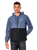 Alpinestars Speeder Windbreaker Jacket, casual hooded windbreaker, Slate Blue and Black color-blocked design, white Astar logo on chest and sleeve branding, front zipper with drawstring hood, lightweight mesh lining