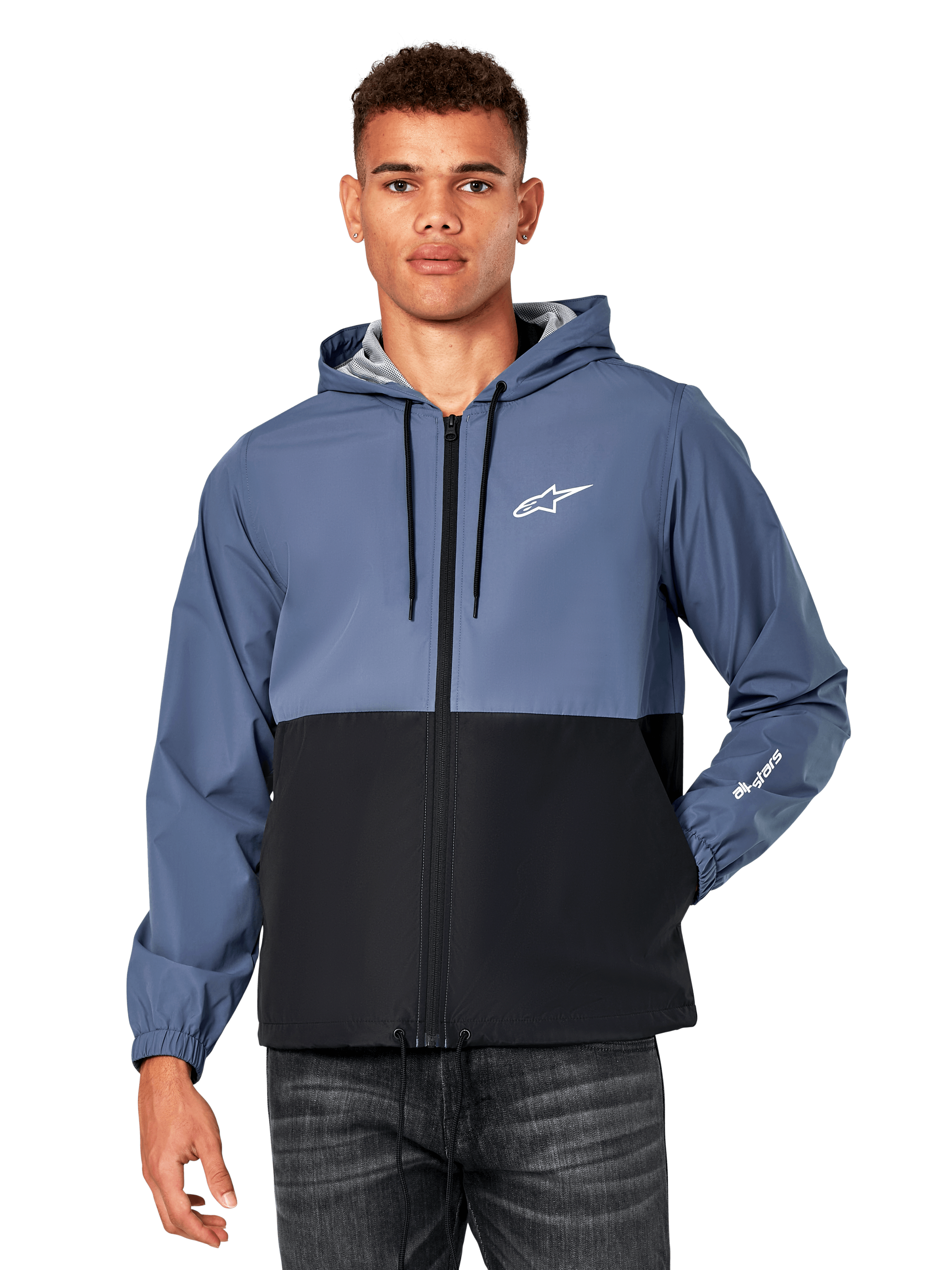 Alpinestars Speeder Windbreaker Jacket, casual hooded windbreaker, Slate Blue and Black color-blocked design, white Astar logo on chest and sleeve branding, front zipper with drawstring hood, lightweight mesh lining