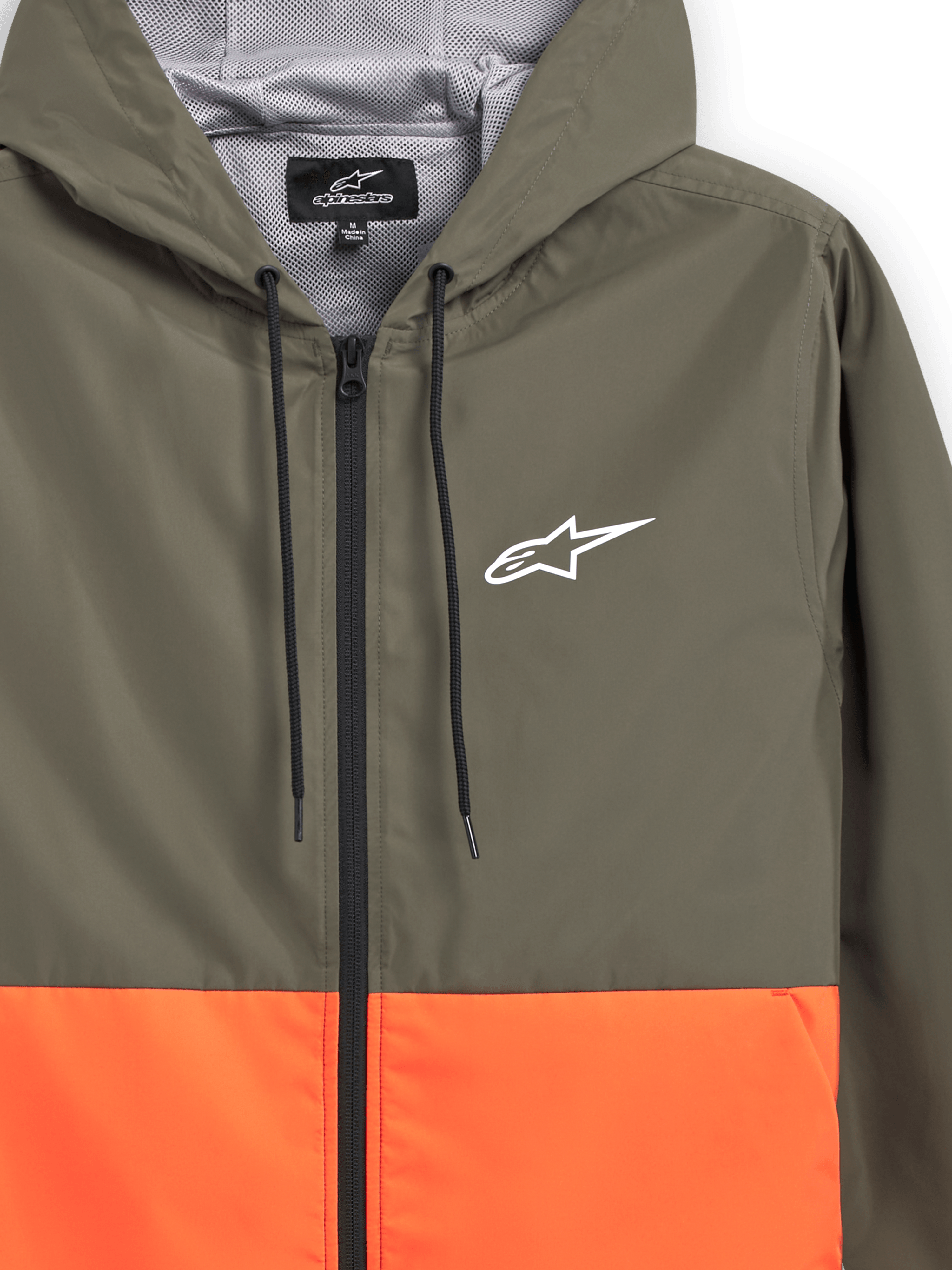 Alpinestars Speeder Windbreaker Jacket, lightweight hooded windbreaker, Military Orange and Green color-blocked design, white Alpinestars logo on chest, mesh-lined hood with black drawcords, casual sportswear