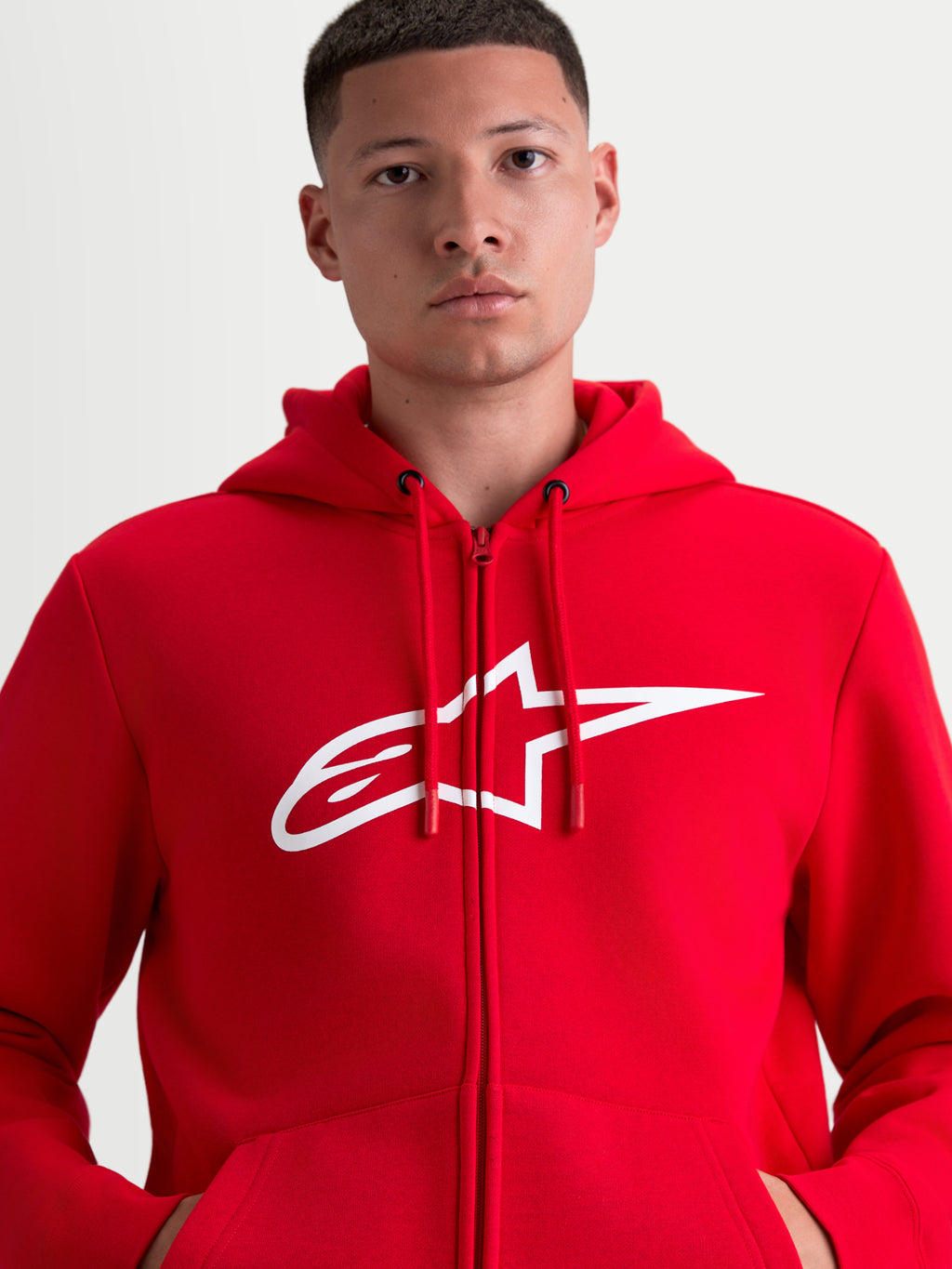 Alpinestars Ageless Zip V3 Hoodie, Sportswear Zip-Front Fleece, Men, Red and White, Cotton Blend, featuring a large Astars chest logo, hidden coil zipper, and hood with dipped drawcord tips.