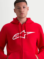 Alpinestars Ageless Zip V3 Hoodie, Sportswear Zip-Front Fleece, Men, Red and White, Cotton Blend, featuring a large Astars chest logo, hidden coil zipper, and hood with dipped drawcord tips.